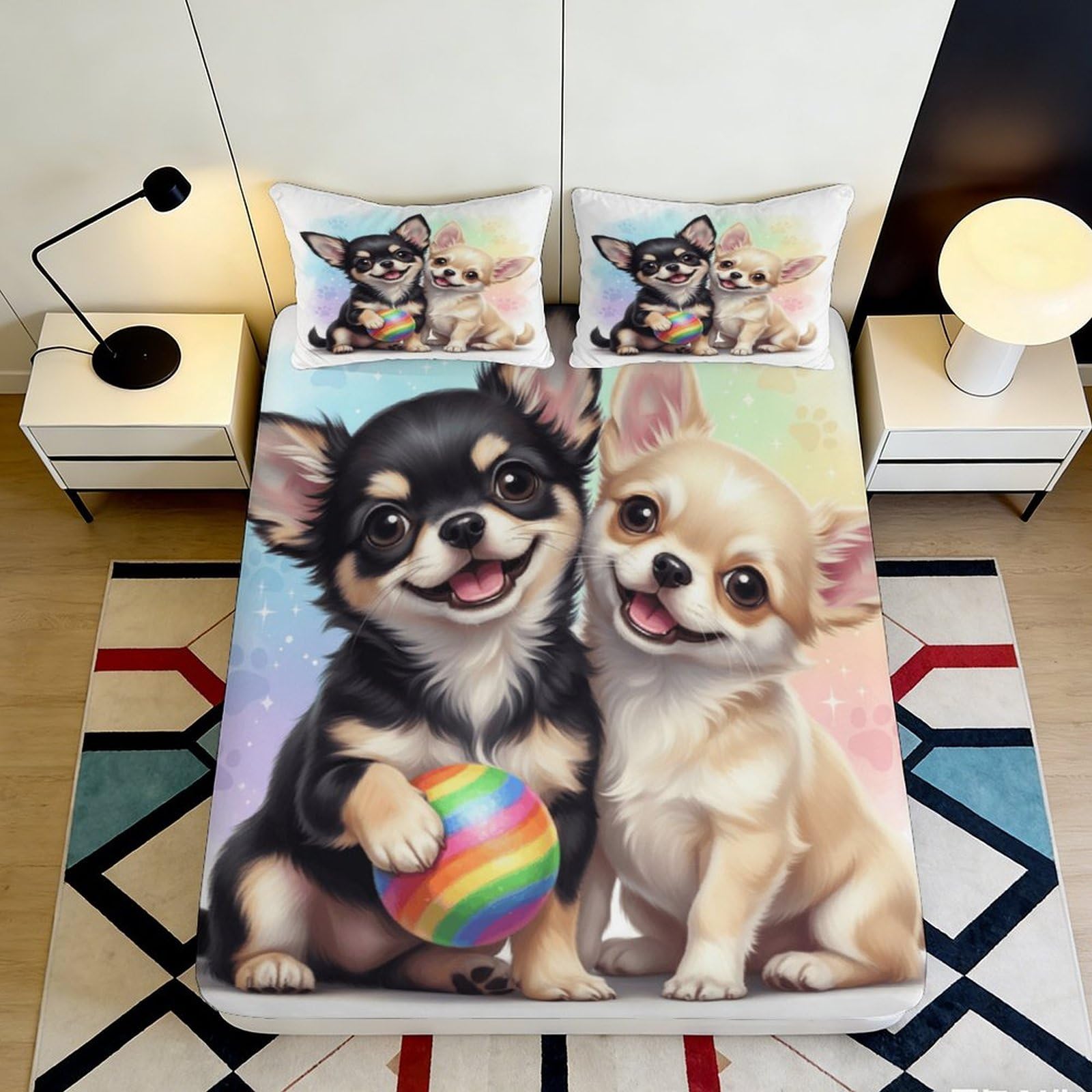 3D Printed Cute Black Chihuahua Fitted Sheet Microfiber Soft Cartoon Dog Pattern Bed Cover for Bedroom Guest Room Decor 90x200x25cm
