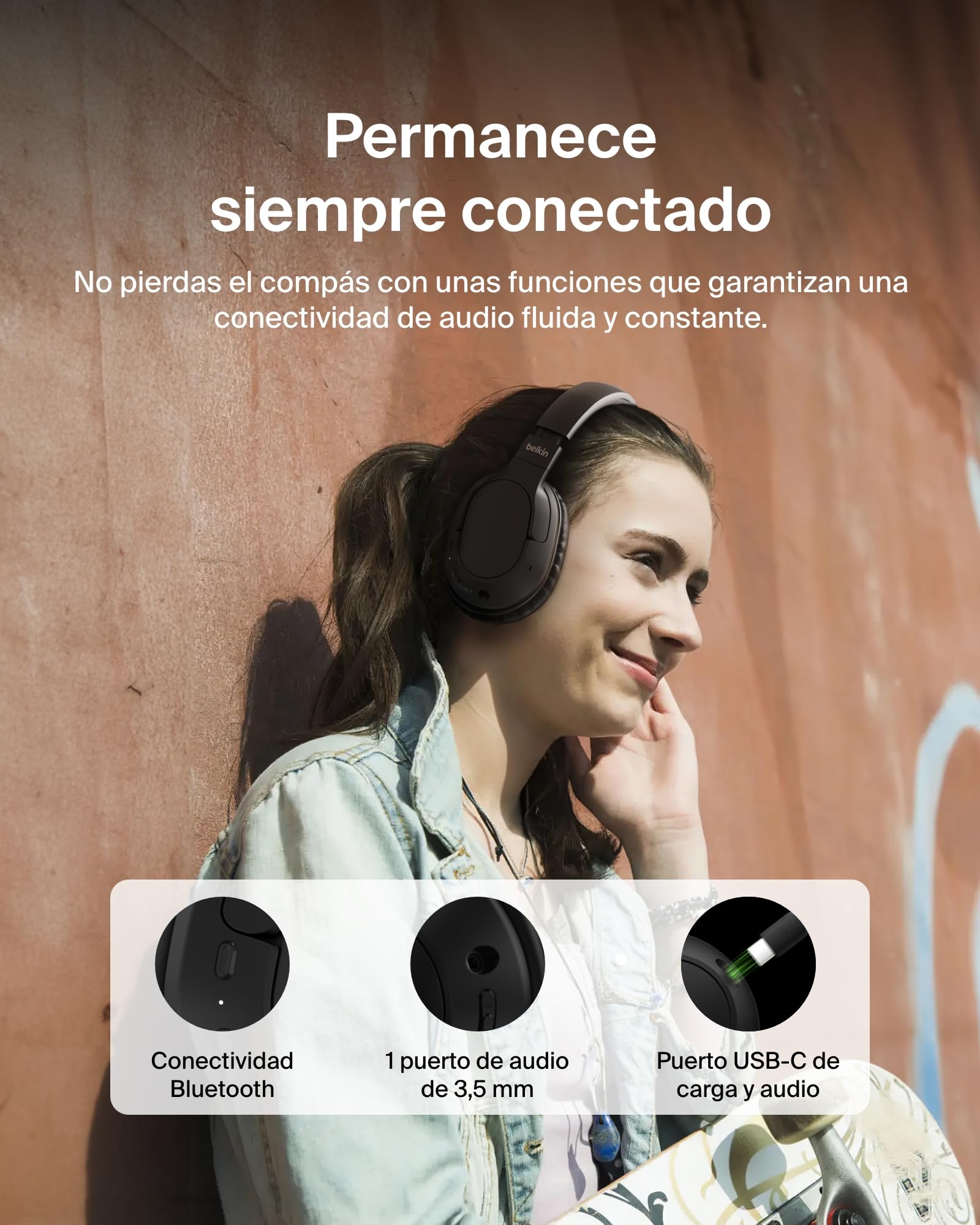 Belkin SoundForm Surround Auriculares Inalámbricos Bluetooth, Cascos con Cancelación de Ruido Ambiental, 60horas de autonomía. Almohadillas Suaves. para iPhone, Galaxy y iPad - Negro