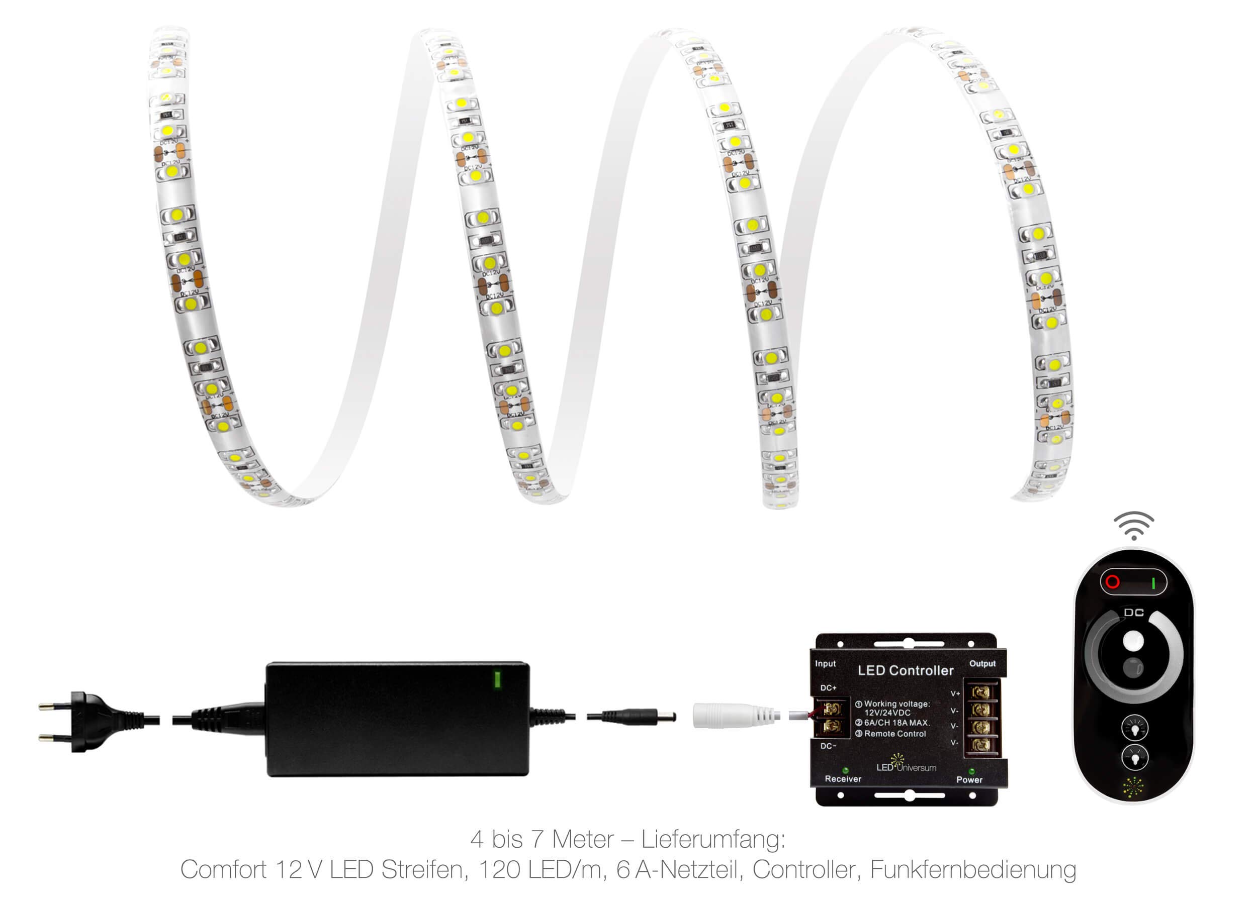 5 Metros muy HELLERMANN kaltweißer tira LED (120 LED/M, IP65, 12 V), incluye controlador, mando a distancia y fuente de alimentación