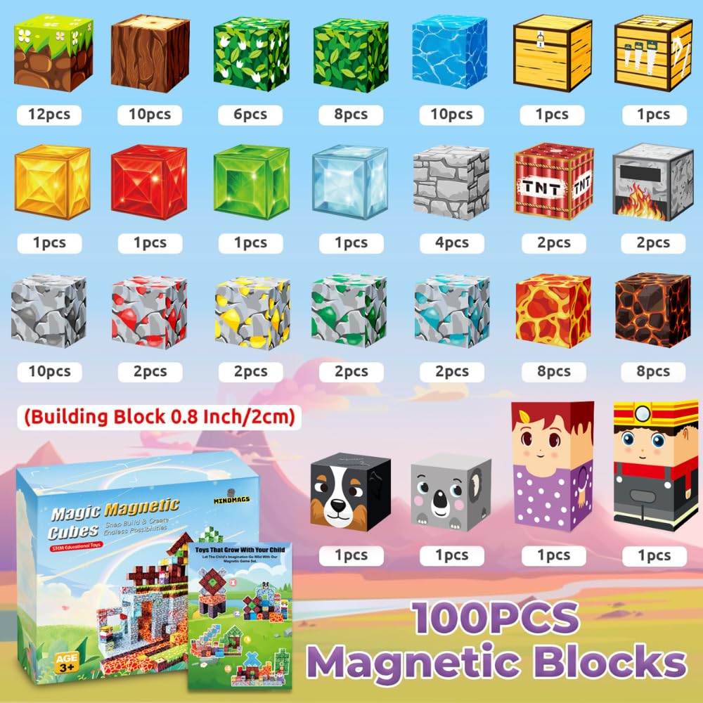 Magnetic Blocks - 100 PCS Magnetic Building Blocks - Construction Building Toys for Montessori STEM Sensory Toys for Boys Girls Age 3 4 5 6 7 8 9 10 — view 7
