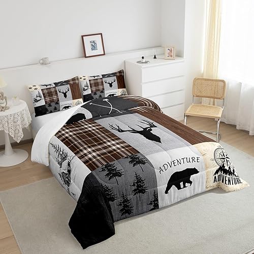 Miniatura 5 de Juego de edredón de cornamenta de ciervo, tamaño individual, juego de ropa de cama rústica de pino con patas de oso para decoración de habitación de