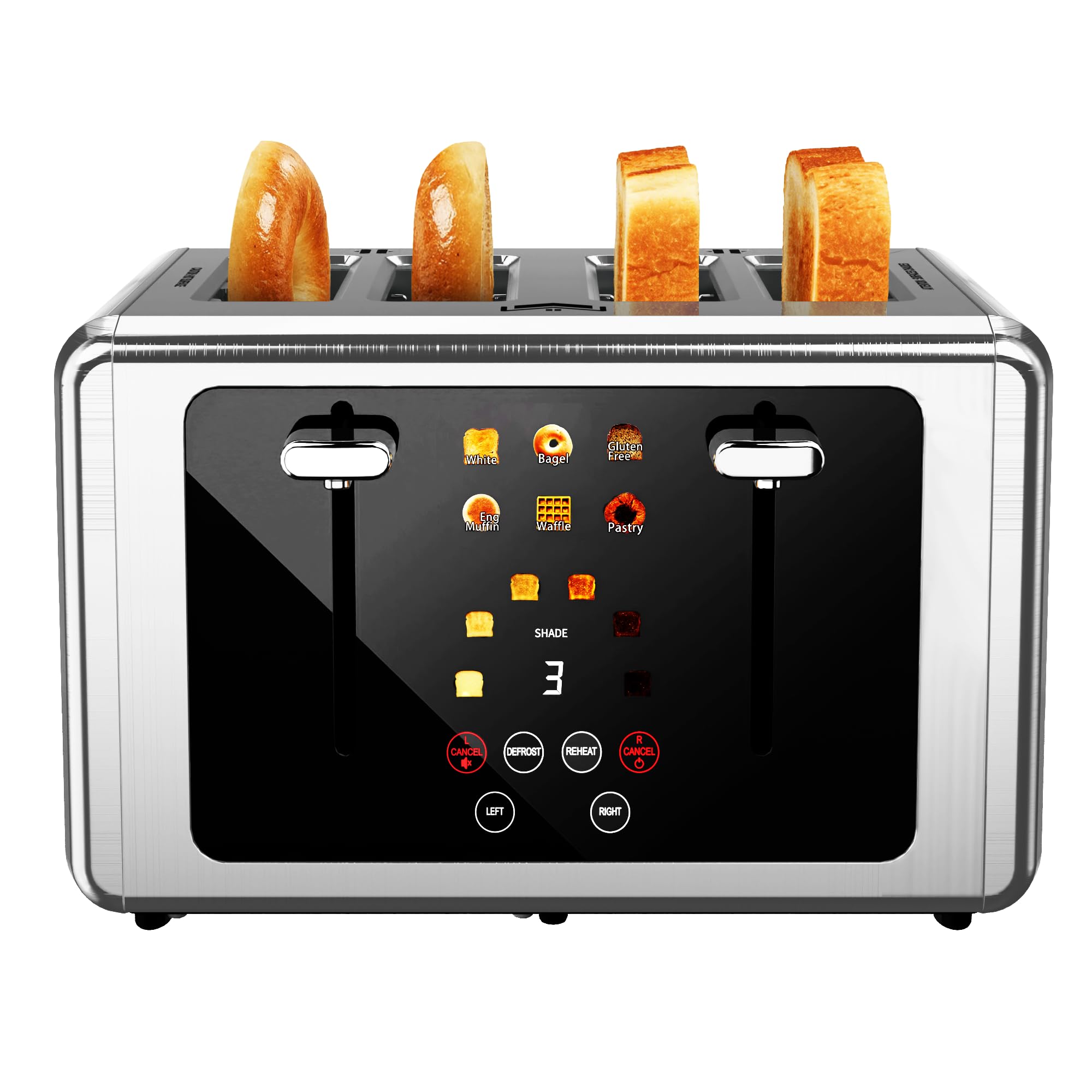 WUNLY 4 Slice Toaster,Touchscreen & Dual Independent Control Panel,5 Basic Functions & Digital Countdown Toasters,6 Shade Settings&6 Bread Types,Smart Bread Maker Mute/Screen-Off, Stainless Steel