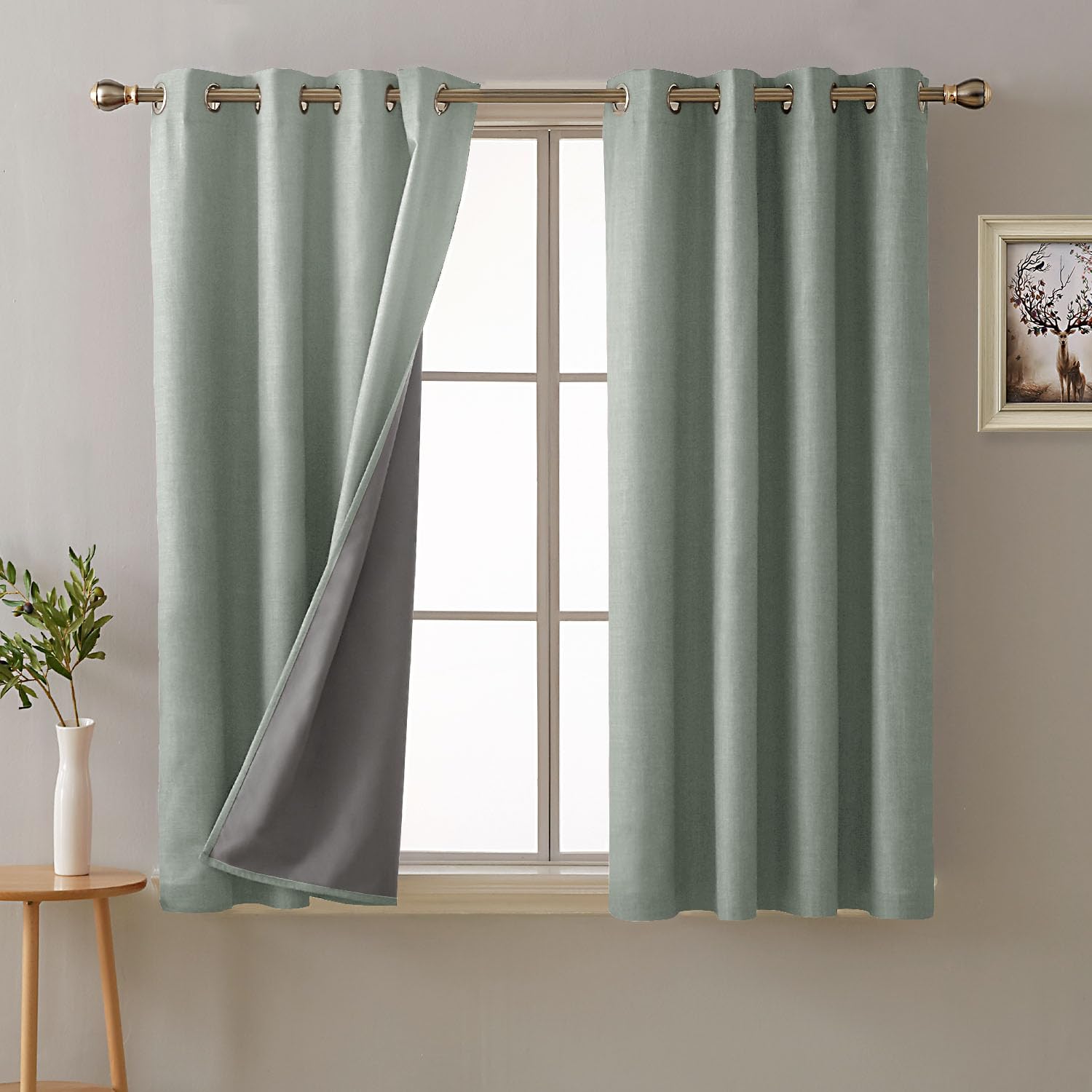 Deconovo 100% Blackout Curtains Faux Linen Thermal Insulated Eyelet Curtains for Bedroom Living Room with Energy Saving Coating Green W46 x L54 One Pair
