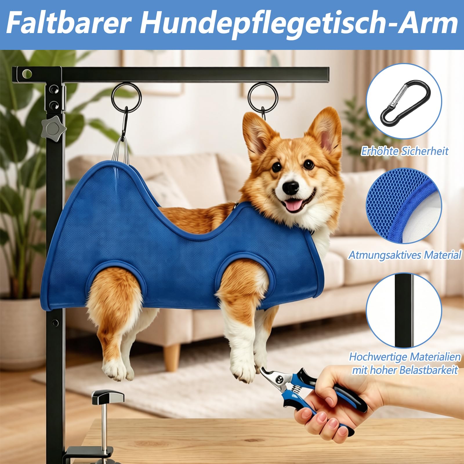 W&H Brazo plegable para aseo de perros con abrazadera de mesa, altura ajustable | 66 – 102 cm, accesorio de peluquería para perros con hamaca y correa antiasiento, para aseo, baño y tijeras