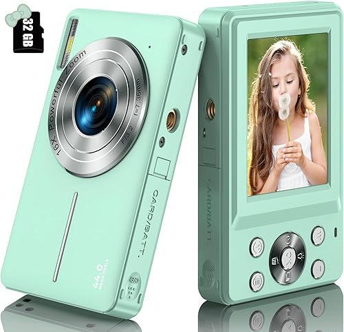 Cámara digital, FHD 1080P Cámara para niños, cámara digital compacta de 44 MP con tarjeta de 32 GB, 1 batería, zoom digital de 16X, punto y disparo,