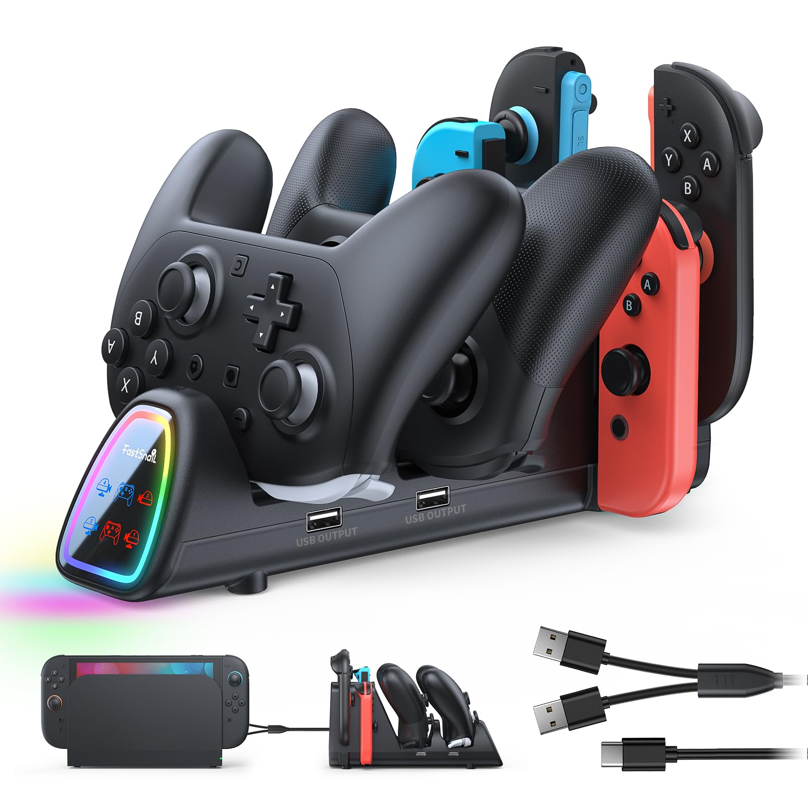 Photo 1 of [Switch 2/1 Compatible] FASTSNAIL Charging Dock for Nintendo Switch 2/1/OLED for Joycon 2, 10 in 1 Fast Charger Station Stand for Pro Controller 2/1 with 11 RGB Modes, LED Indicator, Charger Cable