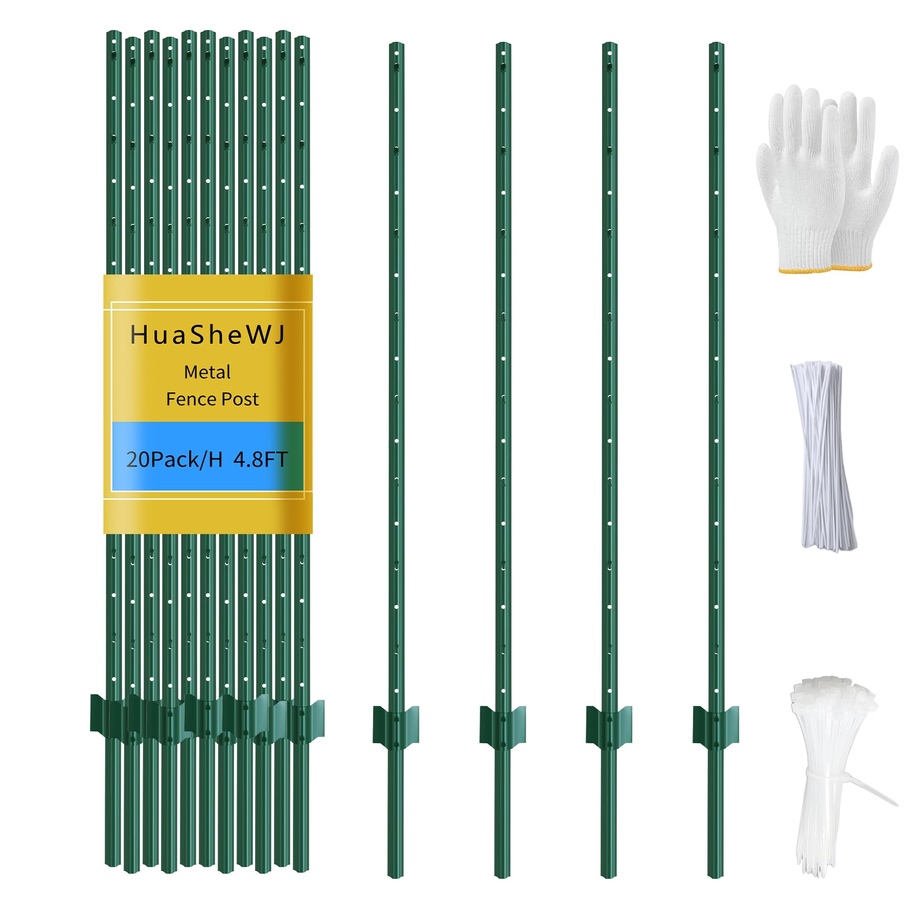 Metal Fence Post 4.8 Feet Green, Pack of 20, T Post for Wire Fence, No Dig Steel U Posts Fencing for Lawn Garden Wire Mesh Fences Poles Sign Outdoor