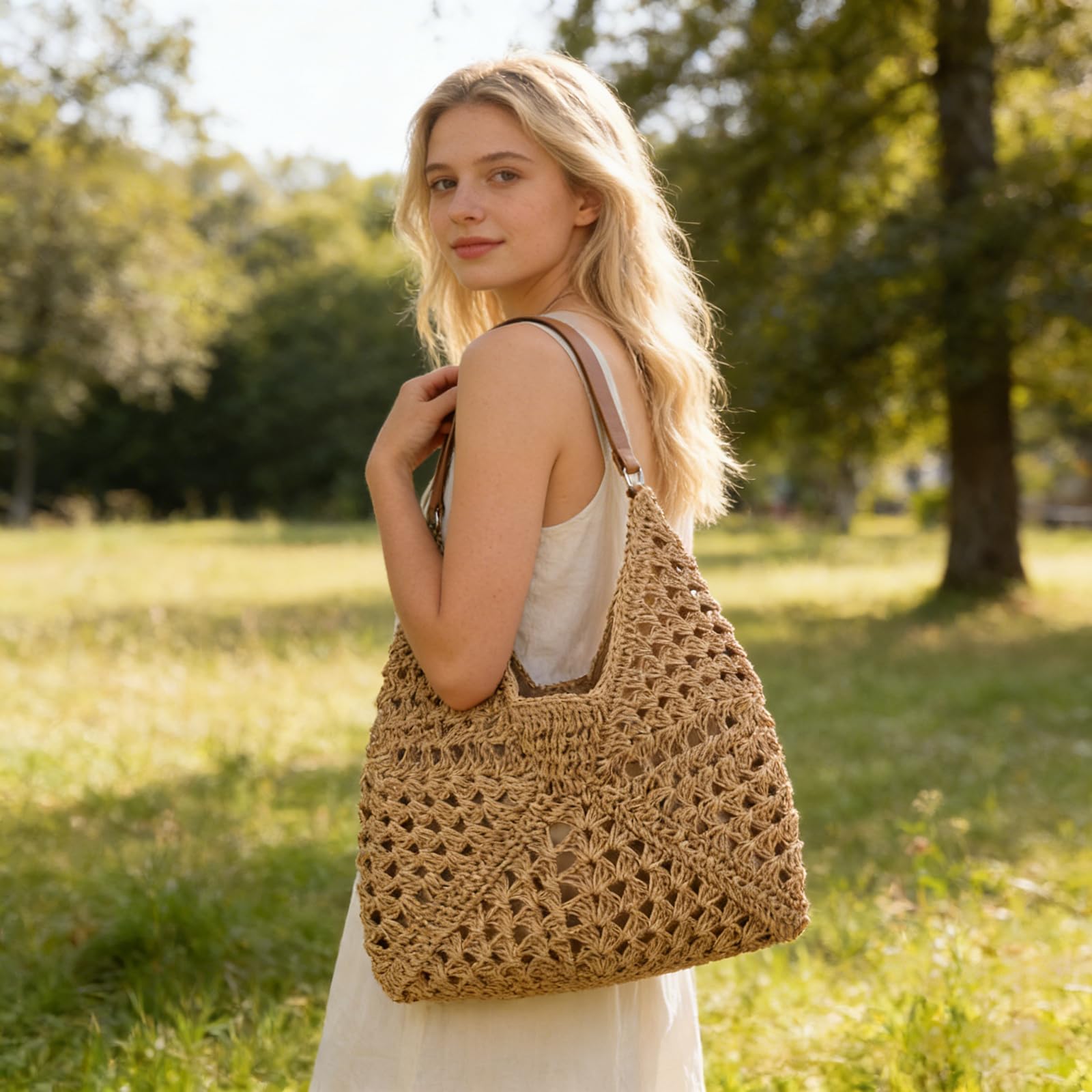 abcmilz Summer Straw Beach Tote Bag for Women Large Handmade Woven Shoulder Bag Handbags Purse for Travel Vacation Shopping — view 2