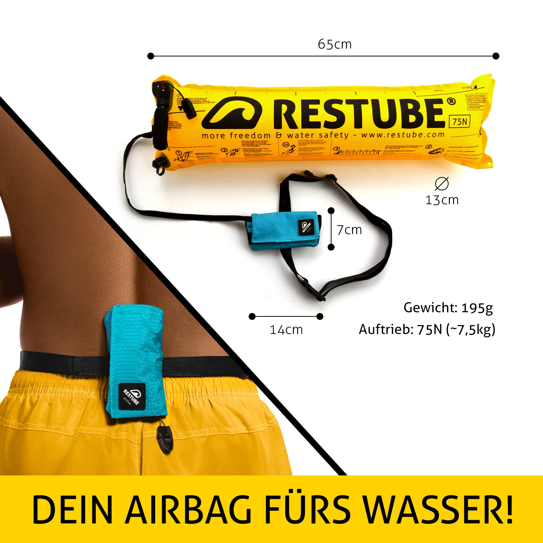 Restube Active Schwimmboje für Erwachsene und Kinder - Rettungsboje für Schwimmer in offenen Gewässern - Schwimmboje Aufblasbar mit Trillerpfeife