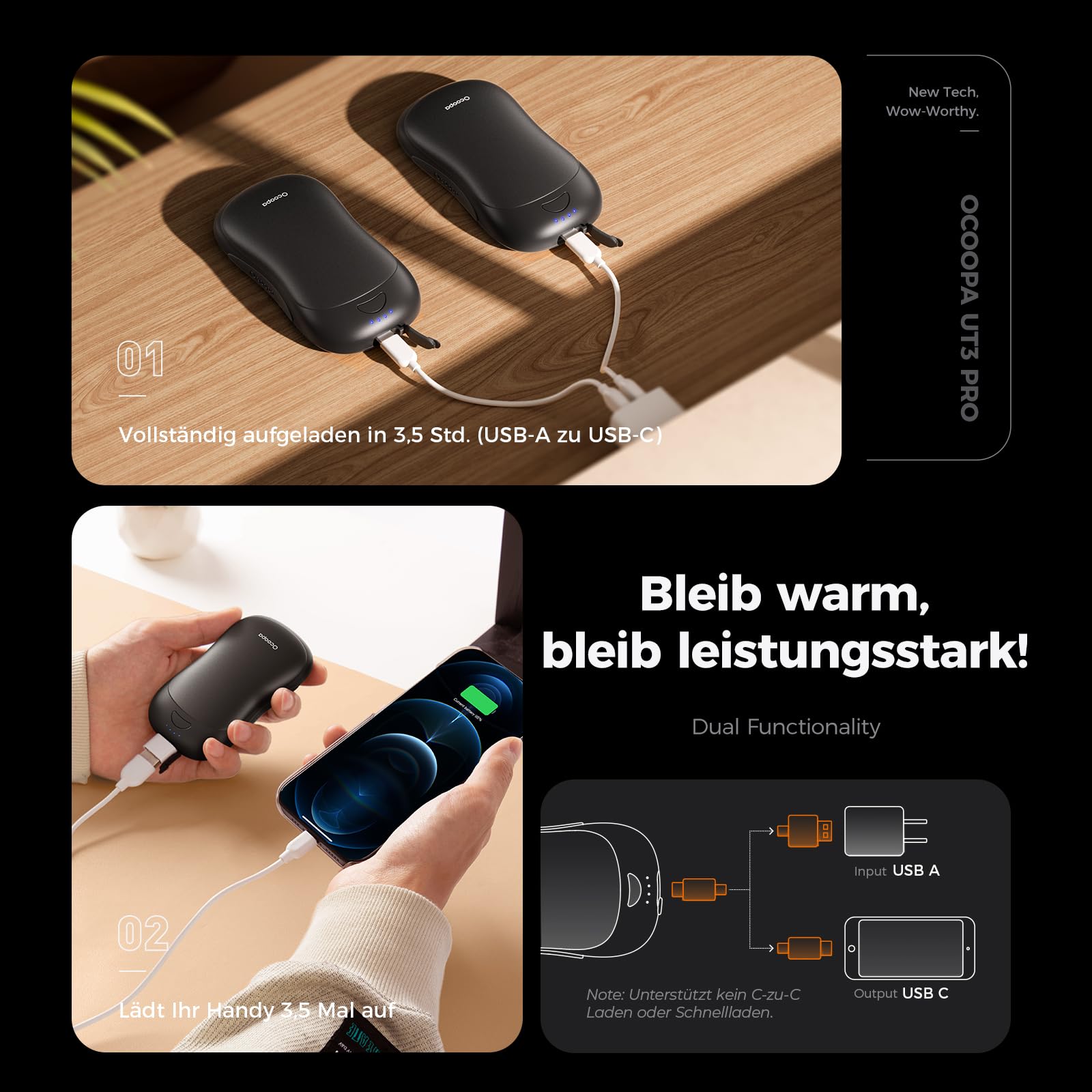 OCOOPA Handwärmer Elektrisch 2er Set, 10000mAh Taschenwärmer USB Powerbank, Wiederverwendbar, 4 Wärmestufen, Maximal 58°C, Technisches Geschenk für Männer, Ideal für Golf, Jagd und Camping, UT3 PRO