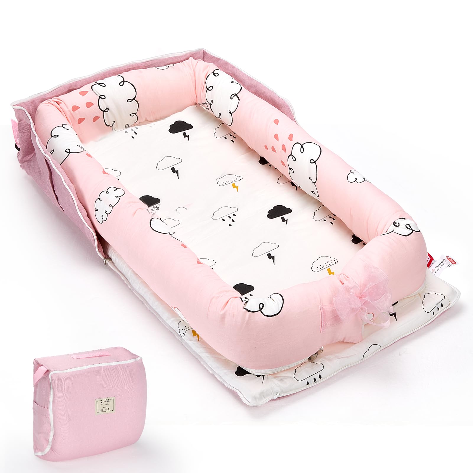 Infant Lounger, Baby Nest for Newborns, Portable Breathable Baby Lounger Adjustable U-Shaped Safety Bumper for Cozy Comfort - Raindrop Cloud