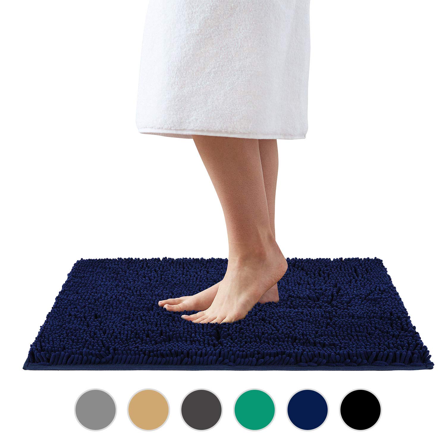 Colorxy Shaggy Chenille Loop Bathroom Rugs - Solid Shag Washable Bath Mat Runner Non Slip, Soft, Plush for Bathroom Shower with Water Absorbent Memory Foam (20x32 Inch, Navy)