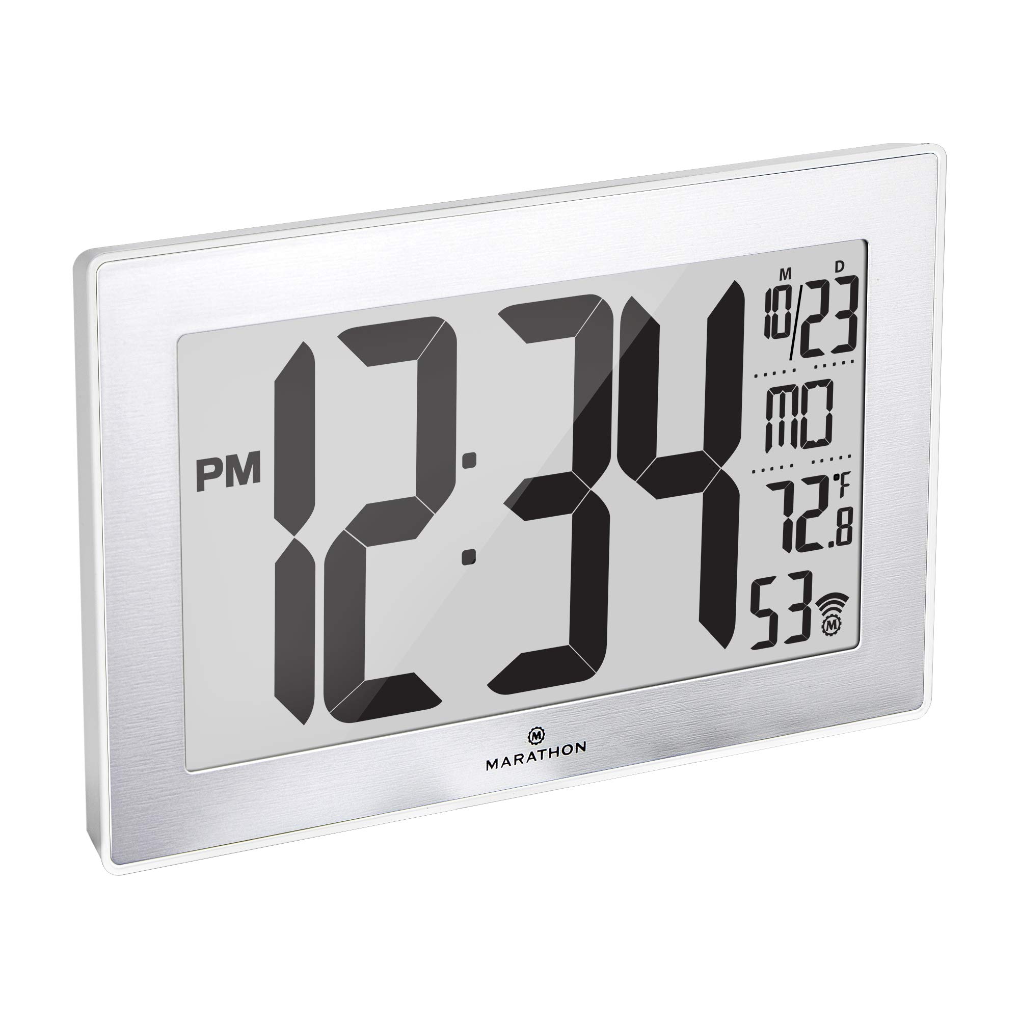 MARATHONCL030068WH-SS Slim Panoramic Atomic Wall Clock with Table Stand - Batteries Included. Color- White Frame/Stainless Finish
