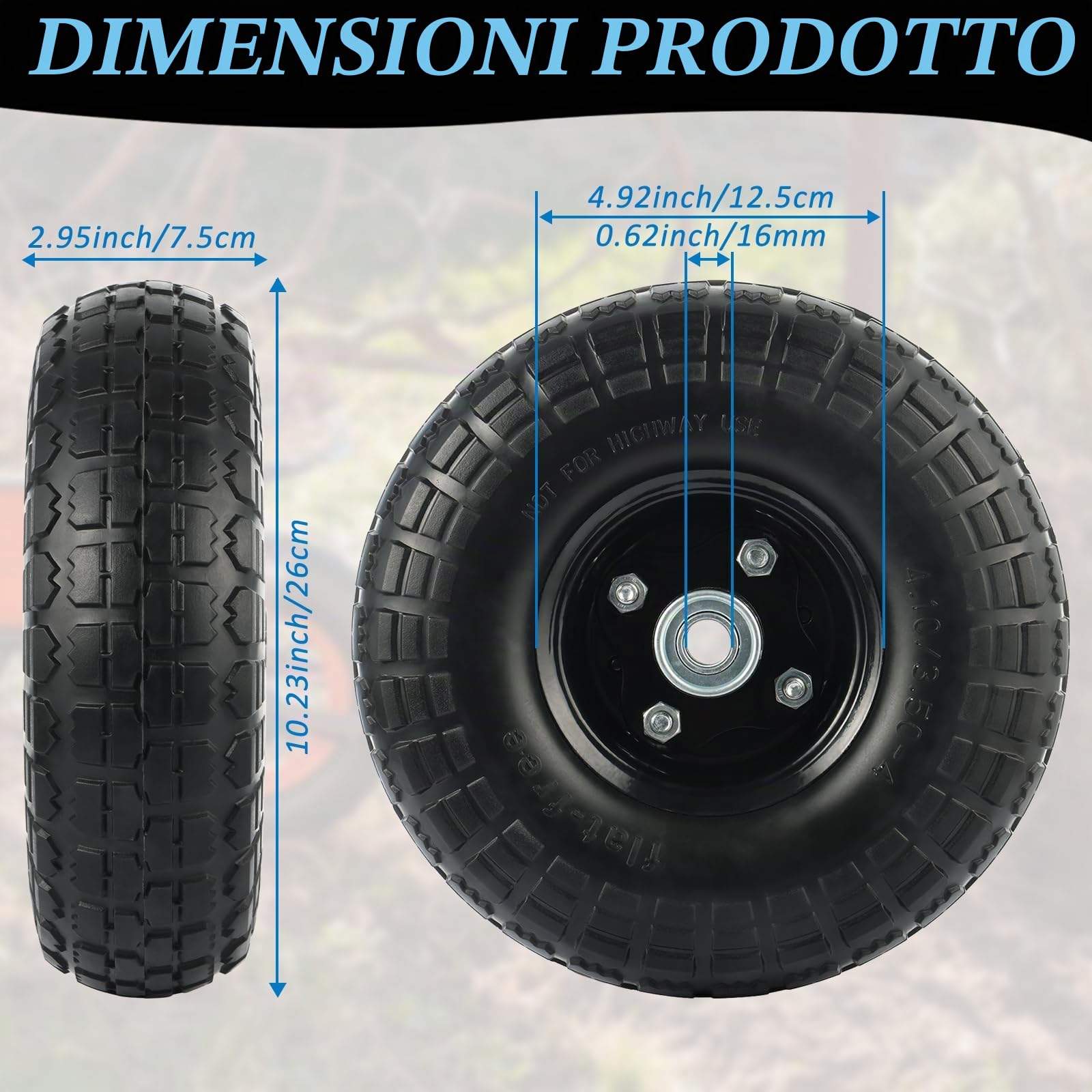 Rainmae 2 x ruote in poliuretano, 260 mm, 3.00-4, asse da 16 mm, ruota per carriola, in gomma piena, di ricambio, a prova di foratura, cerchione in acciaio