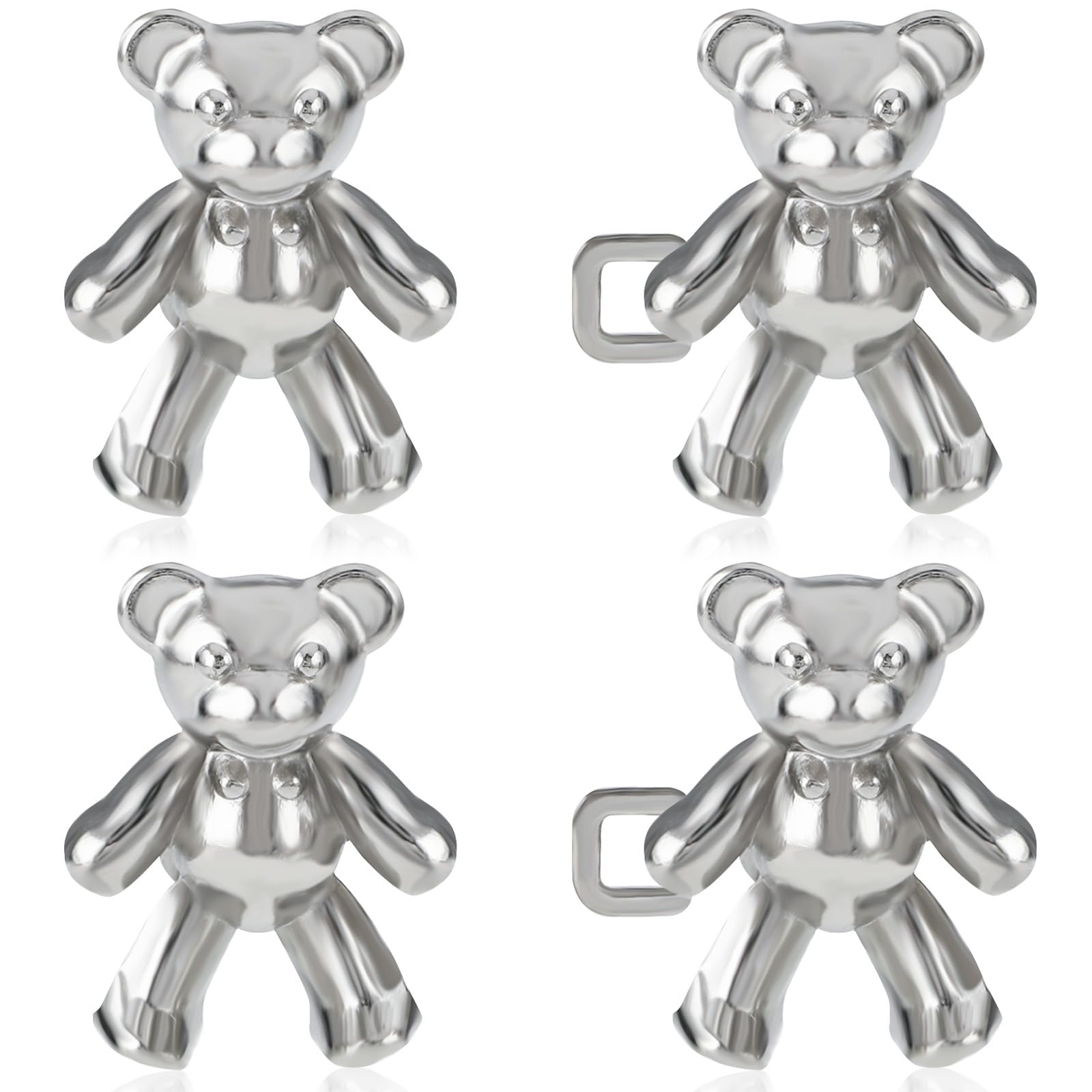 Bear Jean Buttons Pins, Adjustable Jean Button for Loose Jeans, No Sew Detachable Waist Tightener Buckles, 2 Pairs Bear Jeans Instant Buttons for Women Skirt Pant Jeans (Silver)