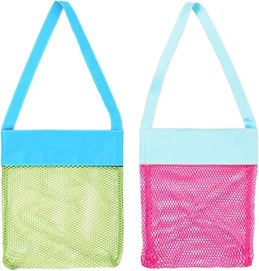 Auony Beach Mesh Bags, 2 Pack Sand Away Seashell Tote Bags with Adjustable Carrying Straps for Kid's Shell Collection