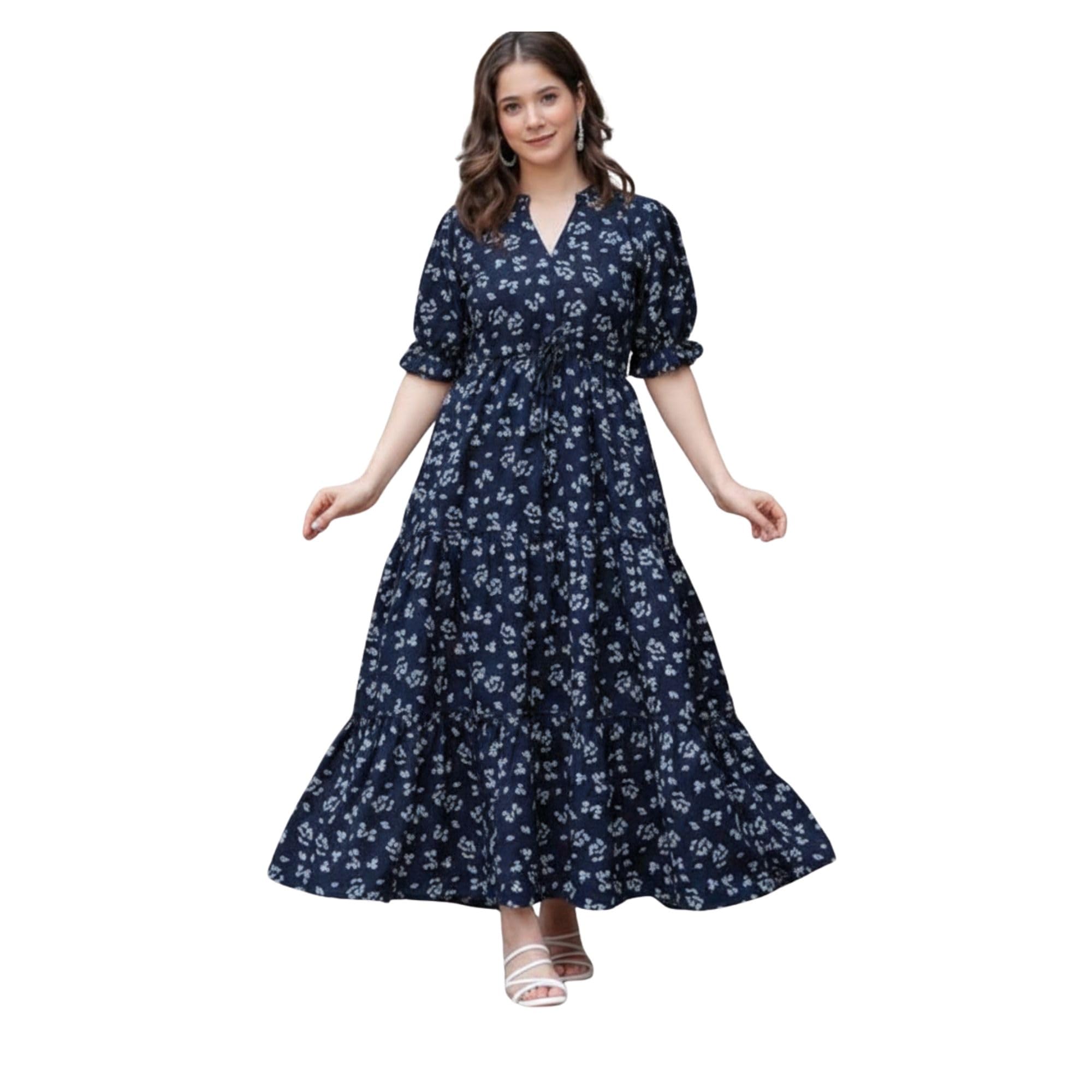 JEEN MATA Collection Women Blue Floral Printed A-Line Dress with Puff Sleeves & Tie-Up Waist(Alpha)-picture-34