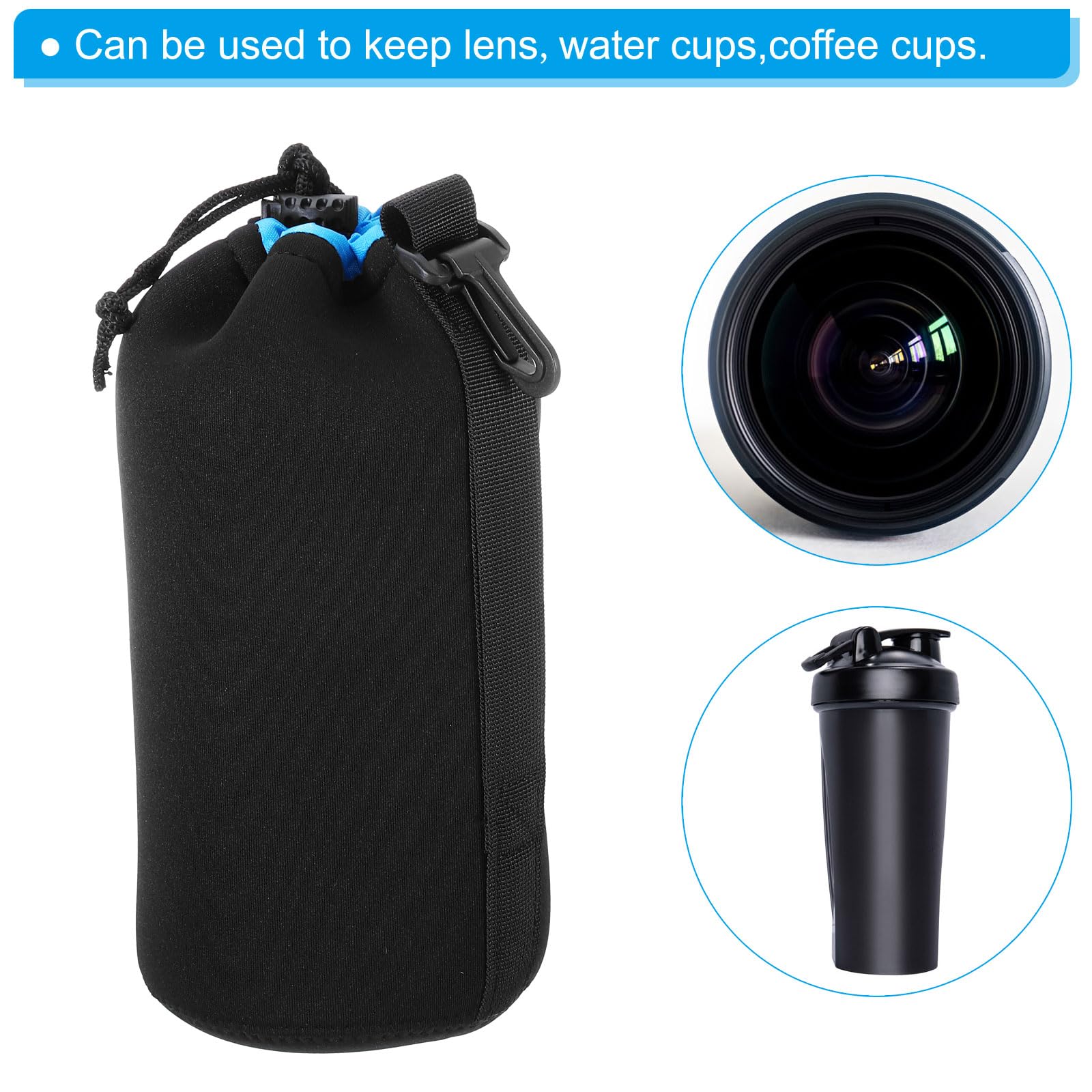 PATIKIL Kamera-Objektivtasche, 2 Stück 3,7" ID x 9,8" H Zugband-Objektivbeutel mit dickem schützendem Neopren, Objektivtasche für DSLR-Kameraobjektiv, Wasser Kaffeetassen, Schwarz, Blau