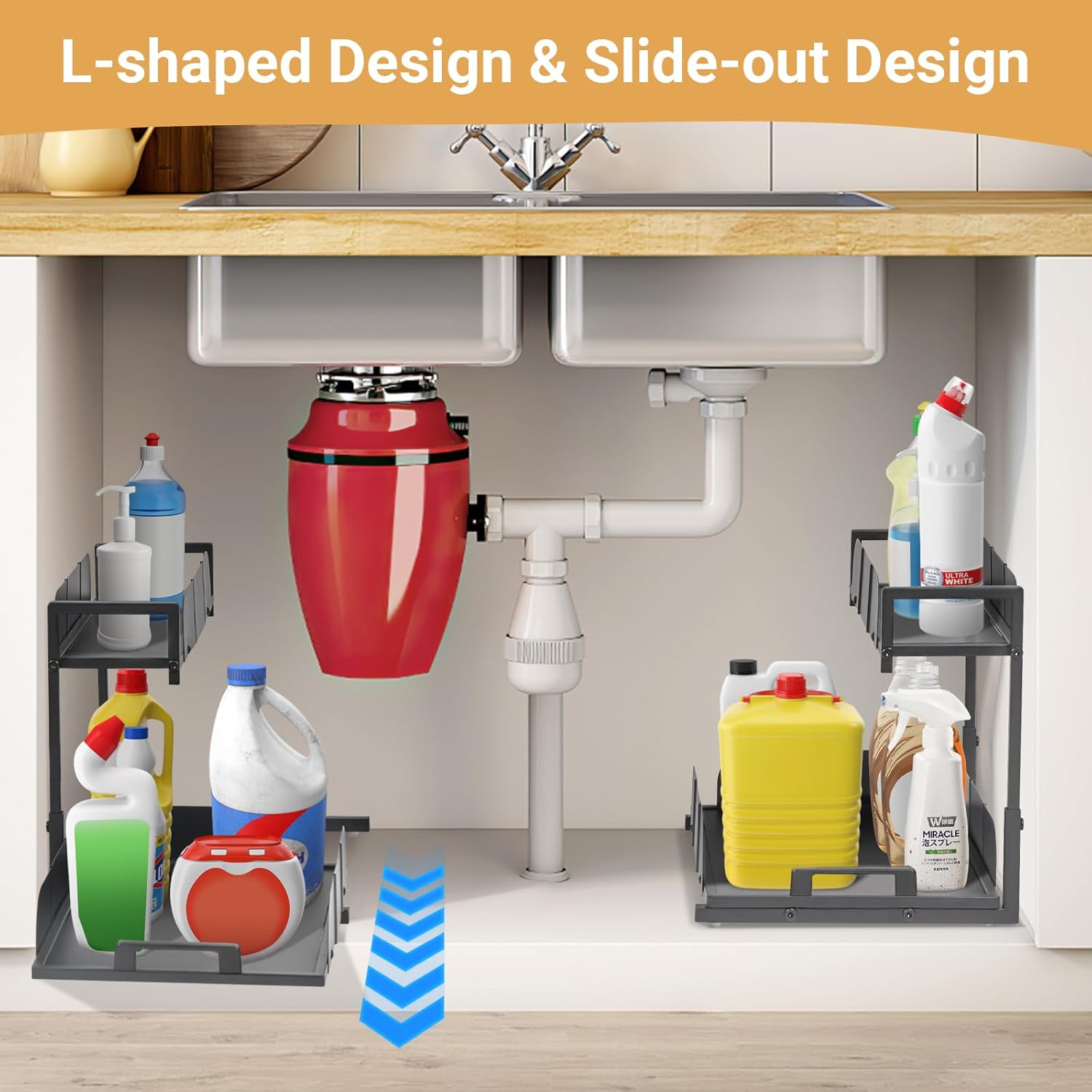 Under Kitchen Sink Organizer, 2 Tier Metal Pull Out Cabinet Organizer with Sliding Drawer, Heavy Duty Bathroom Organizers and Storage Shelf, Storage and organization for Home,Laundry,Office, 2 Pack