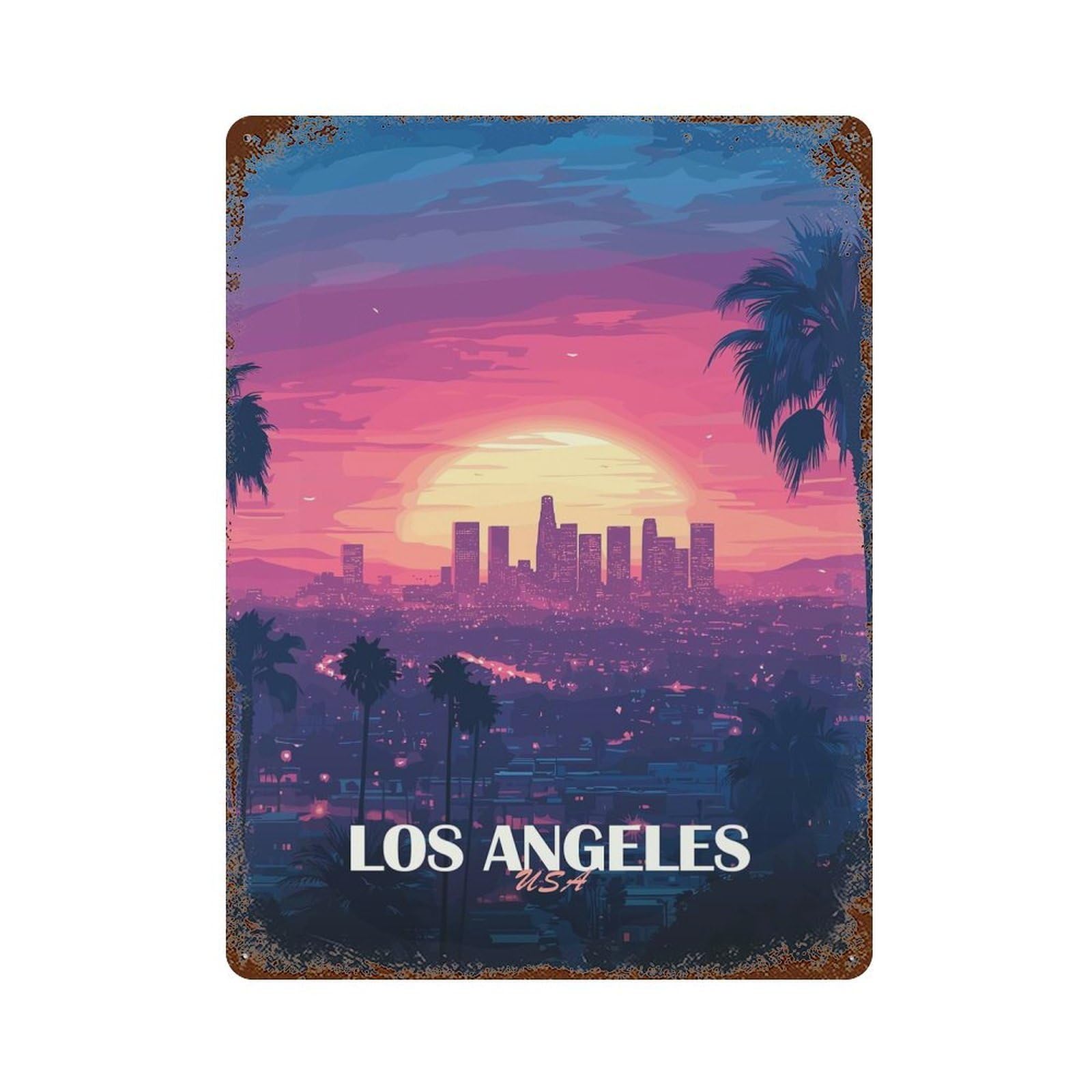 Los Angeles Sunset Skyline Illustration Decorative Tin Sign 15.7"x11.8", Farmhouse Wall Decor for Living Room, Hallway And Home Decor