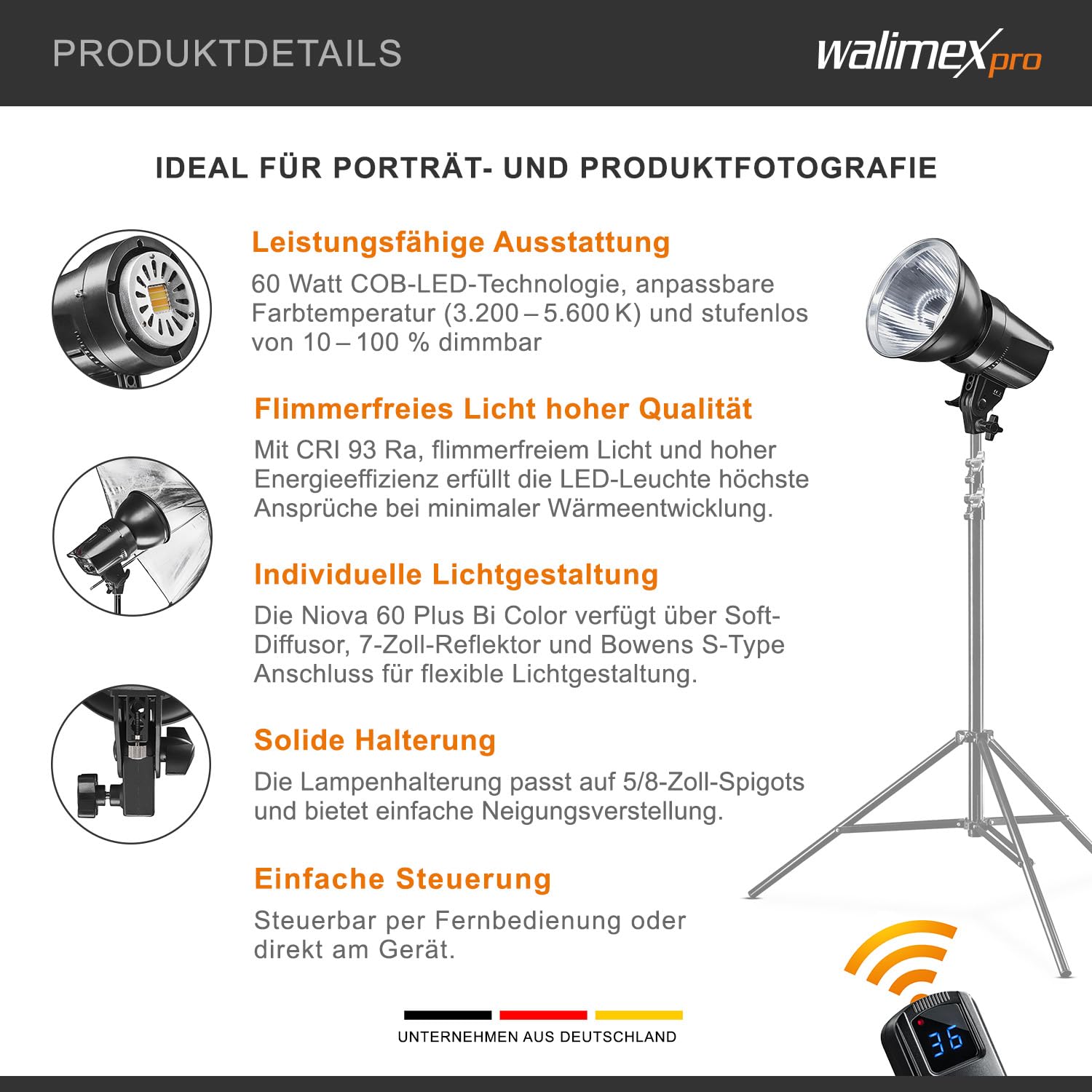 Walimex Pro LED Foto Video Studio Licht Niova 60 Plus Bi Colour 21183