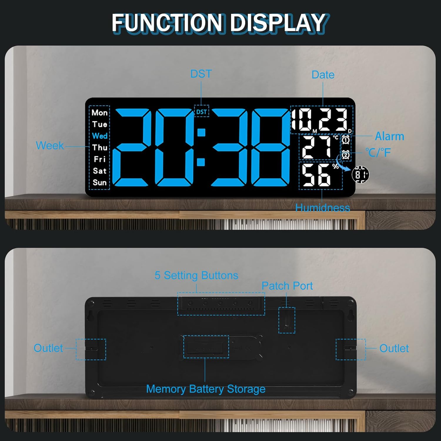 JoFomp 17.3" Large Digital Wall Clock, LED Digital Clock Large Display with Remote Control, Alarm Clock with Temp/DST/Dimmer/Humidity/Timer/Ambient Light - 12/24H, Alarm Wall Clock for Bedroom