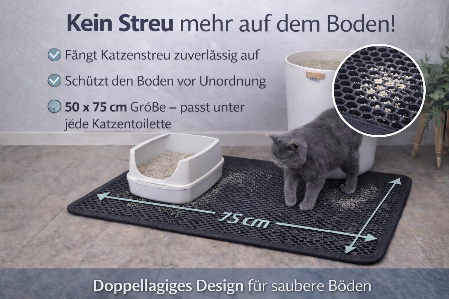 Katzenklo Matte XL (50x75 cm, Schwarz) - abwaschbar wasserdicht einfache Reinigung dank doppeltem Klettverschluss Katzenstreu Matte Katzenhygiene Katzentoilette Katzen WC
