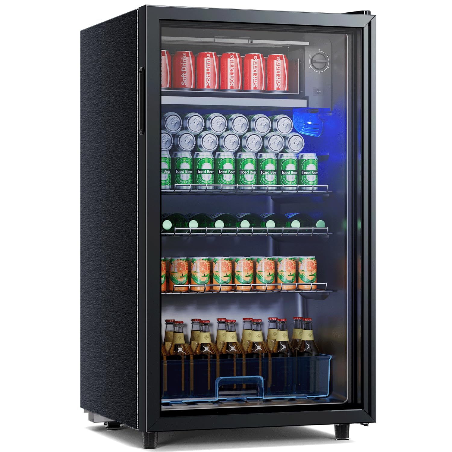 TRIUMPHKEY Nevera para Bebidas, Nevera Compacta de 85 Litros con Luces LED Azules, Nevera para Cerveza, Diseño de Puerta Completa de Cristal con 4 Estantes y Botelleros para Refrescos, Cerveza y Vino.