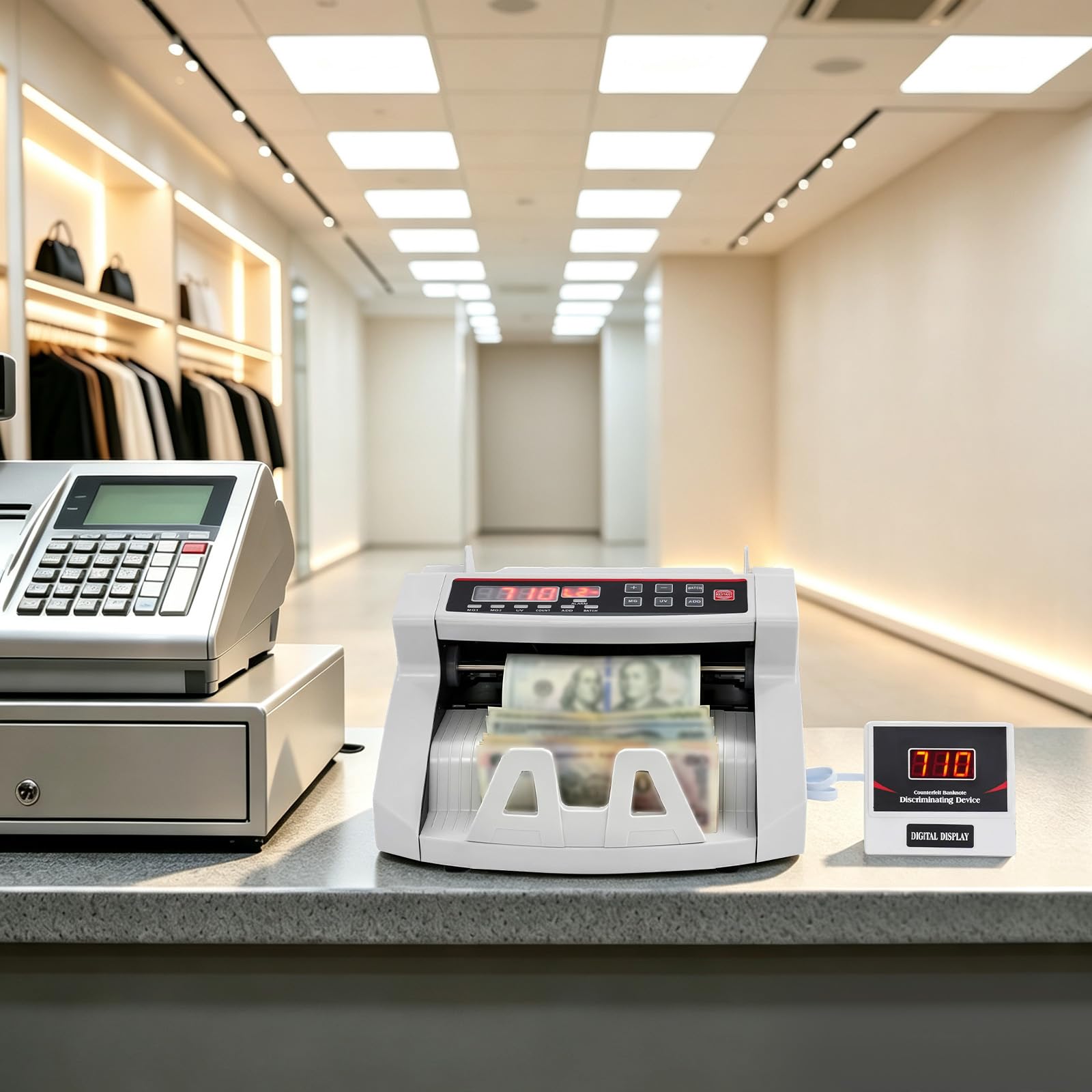 Contabanconote Professionale con Display LED, Rilevamento UV e Magnetico per Banconote False, Velocità 1000 Banconote/min, Capacità 200 Pezzi, per Euro Dollari e Sterline, Bianco