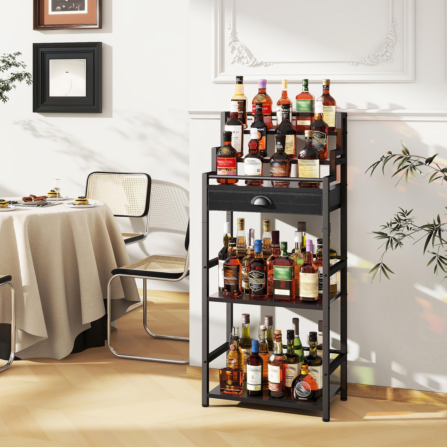 IBUYKE Stufen Weinregal, Freistehend, Weinschrank mit Schublade und Ausstellungsregal für Whisky, Trapezförmiges Flaschenhalter für Bar, Wohnzimmer, Esszimmer,Schwarz TMJ915B