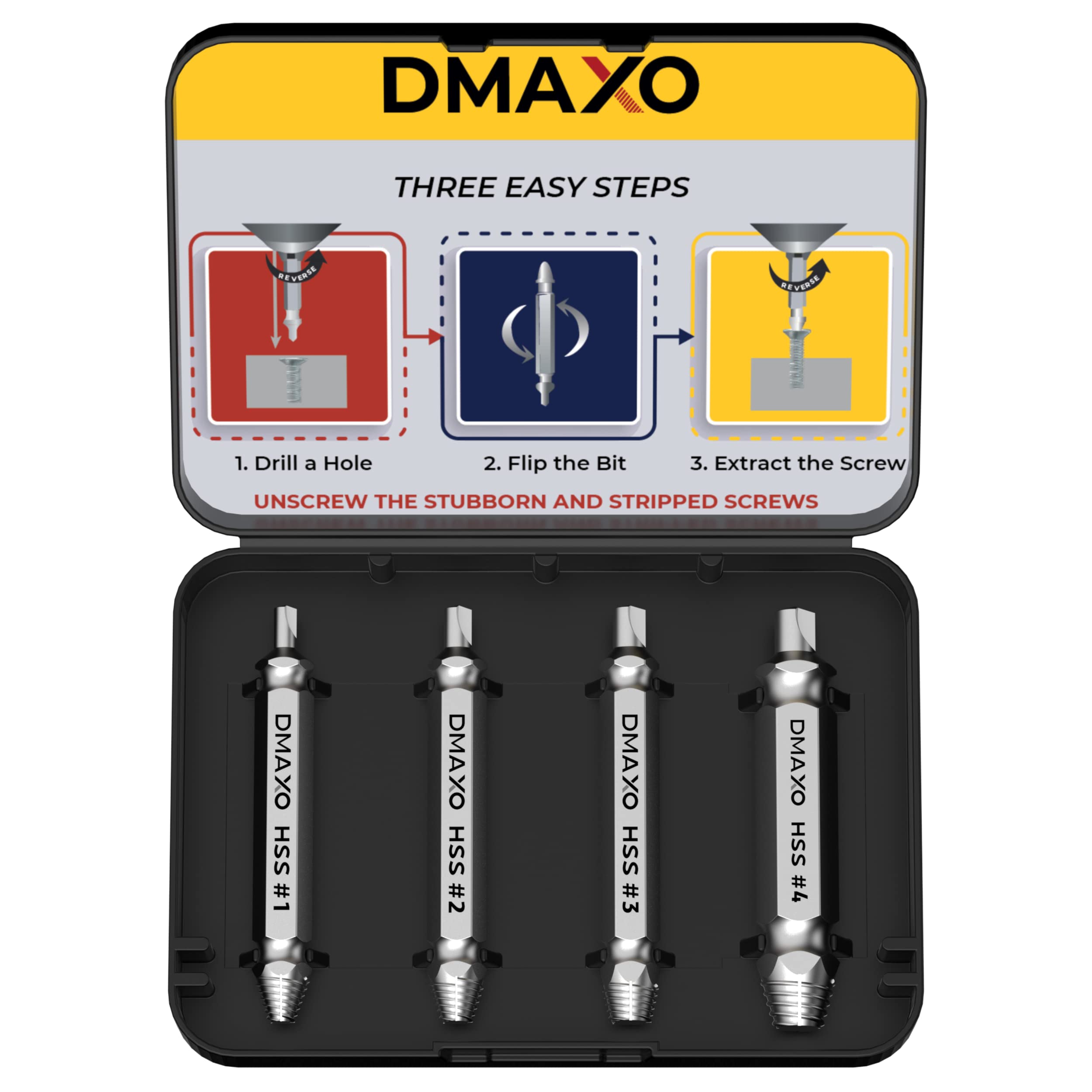 DMAXO 04 Pcs Screw Extractor Set - Broken Screw Removal Tool - Damaged Screw Extractor Set - Damaged Screw Remover - Stripped Screw Extractor Kit - Rounded Screw Remover - High Speed Steel 62-63 HRC