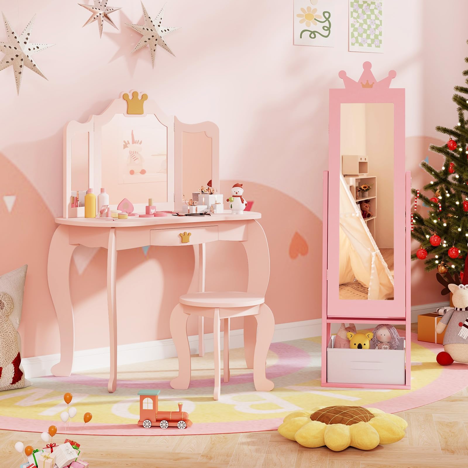GLACER Kids Vanity & Kids Jewelry Armoire, Toddler Makeup Vanity w/Tri-Fold Mirror & Drawer, Standing Child Jewelry Organizer w/Full-Length Mirror, Foldable Drawer, Kids Bedroom Furniture (Pink)