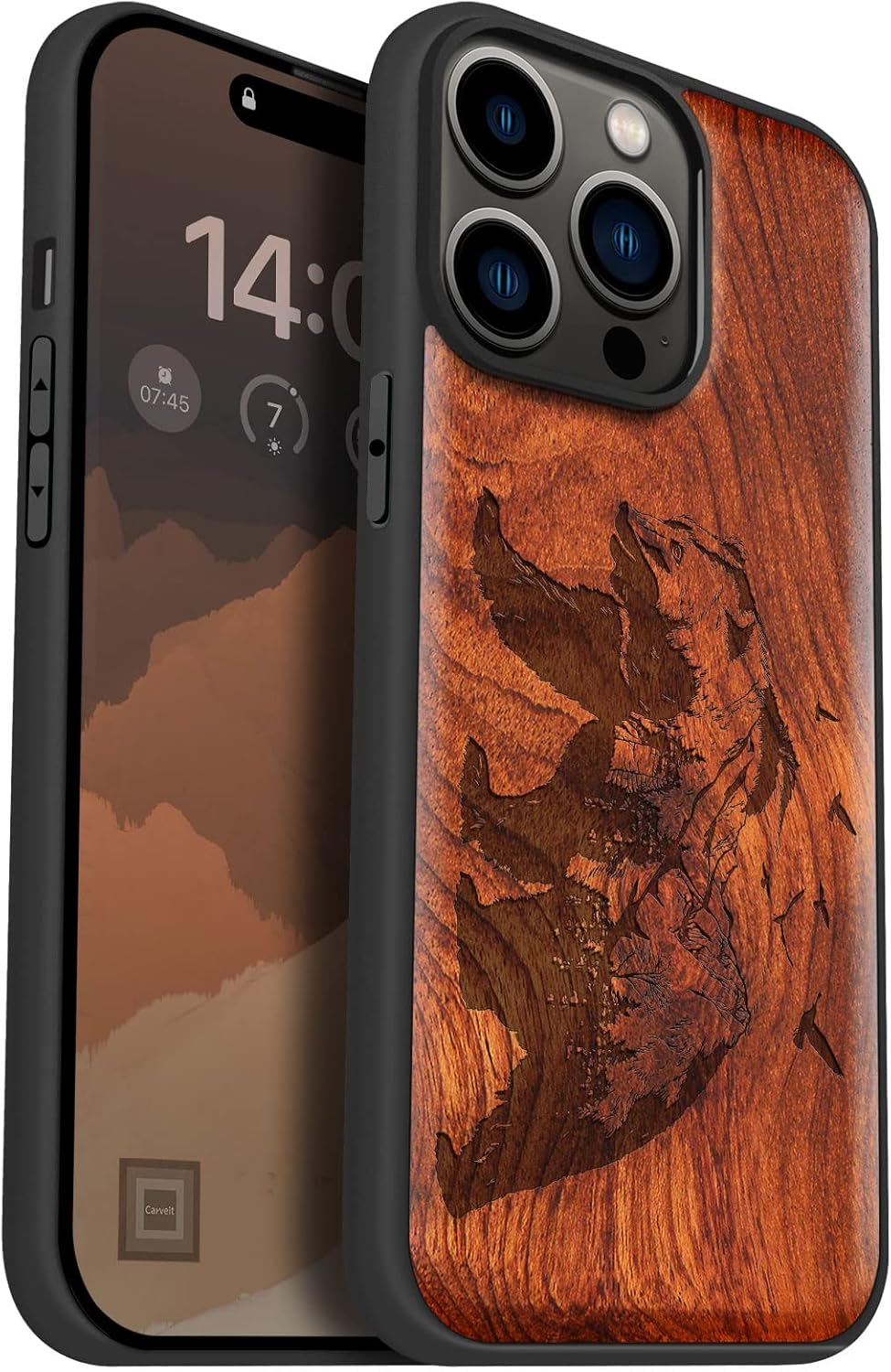 Carveit Magnetic Wood Case for iPhone 14 Pro Max [Natural Wood & Black Soft TPU] Unique & Classy Wooden Shockproof Protective Cover Compatible with magsafe (Bear and Valleys -Rosy)