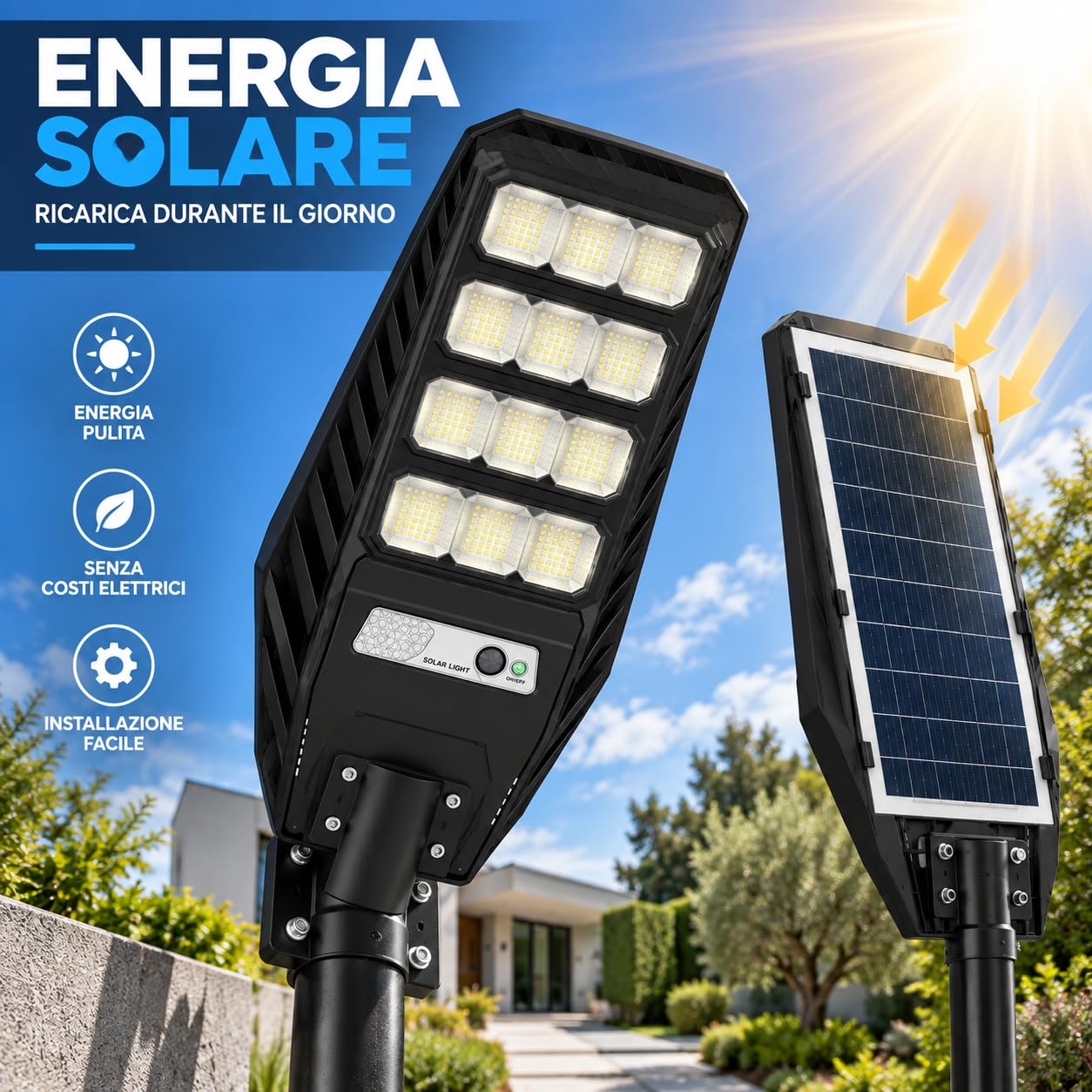 Lampione Solare LED 600W da Esterno, Sensore di Movimento, Telecomando, IP65