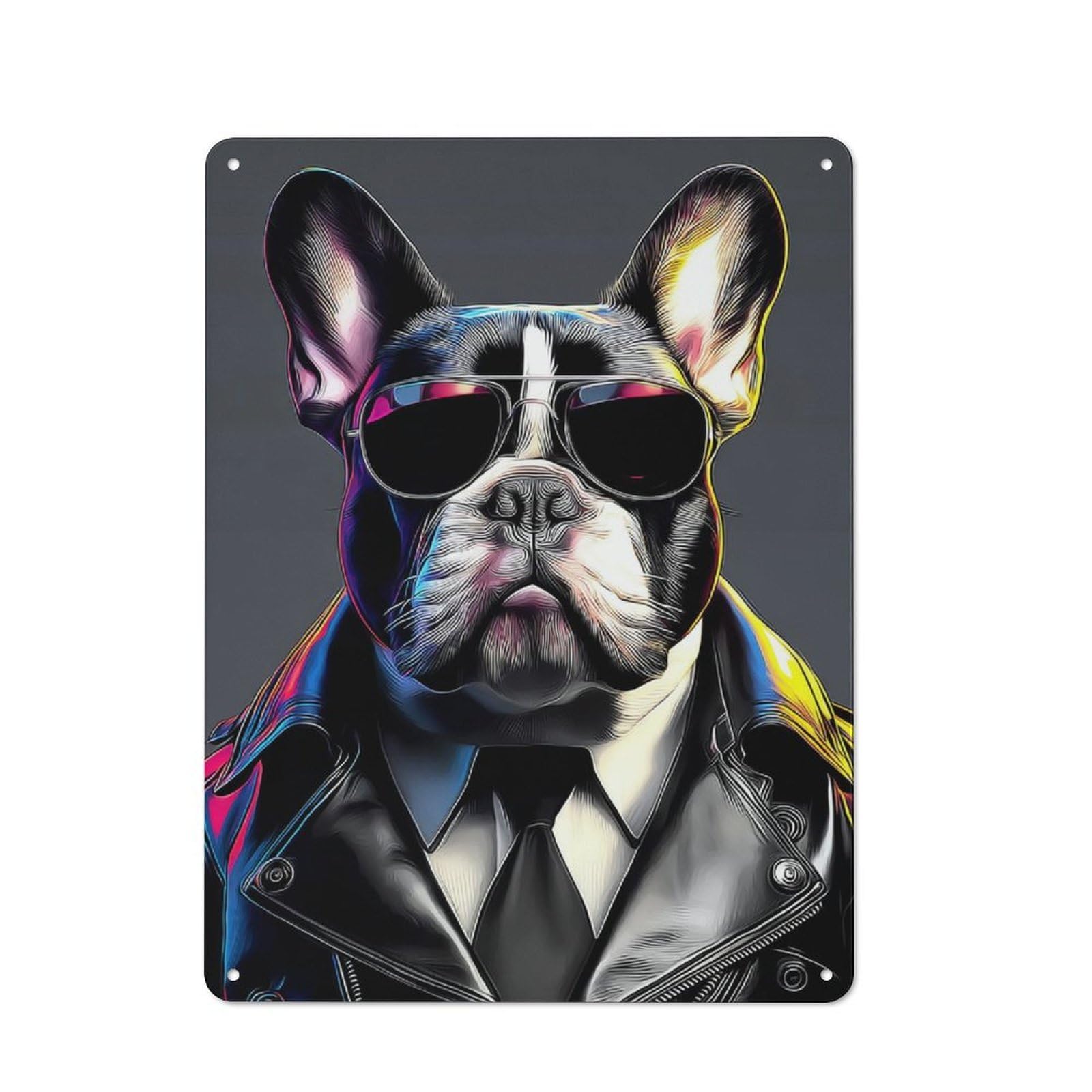 Metal Plaque with Stylish Bulldog in Sunglasses Design 40x30cm, Cosy Diner Style Decor for Coffee Bar, Kitchen, Bistro Or Tea Corner