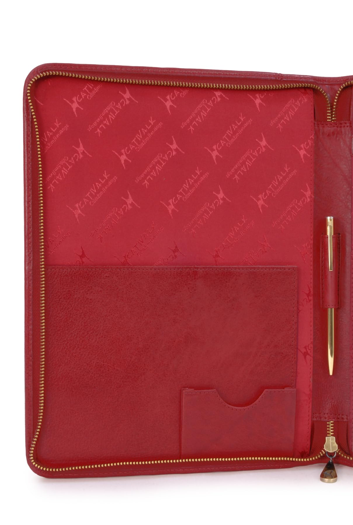 Catwalk Collection Handbags - Damska Skórzana Teczka Konferencyjna A4 - Biznesowe Etui na Zamek z Notesem - Mieści Tablet i Wizytówki - Chloe Czerwony