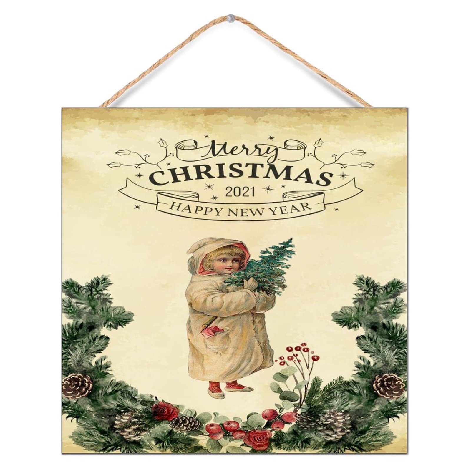Plaque en bois Old Time Santa déco murale salon et cuisine 30cm