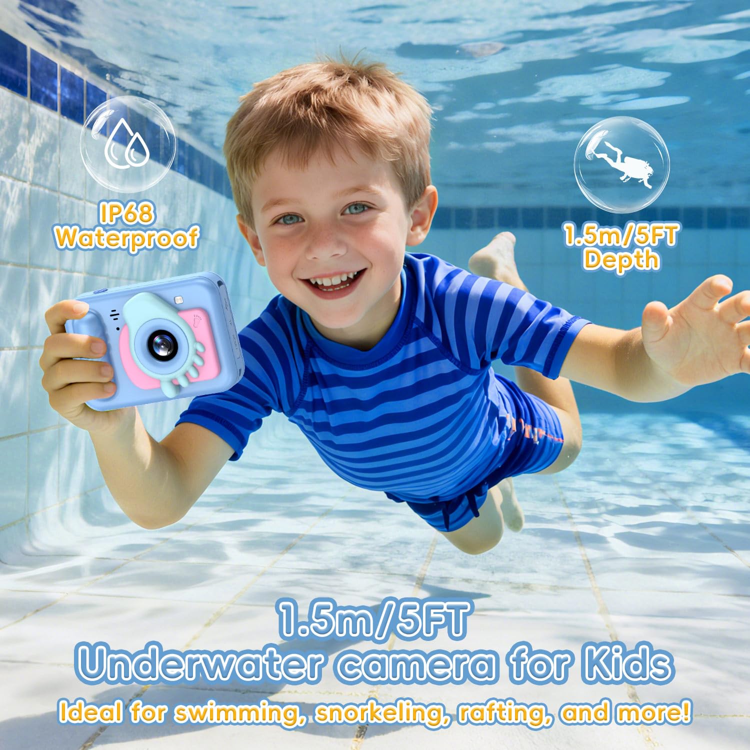Caméra sous-marine étanche pour enfants, appareil photo numérique HD pour tout-petits avec enregistrement vidéo 1080p, cadeau d'anniversaire idéal pour garçons et filles de 3 à 12 ans avec carte de 32