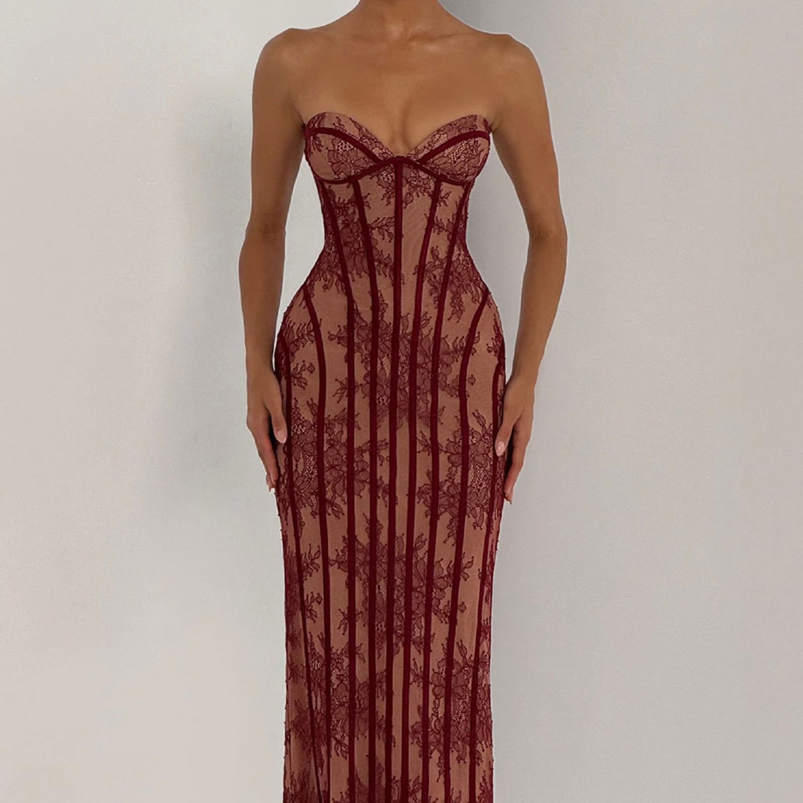 Abito da sera lungo formale da donna, senza spalline, pizzo floreale, corsetto, abito stretto per eventi sul tappeto rosso ed elegante riunioni, maxi abito aderente