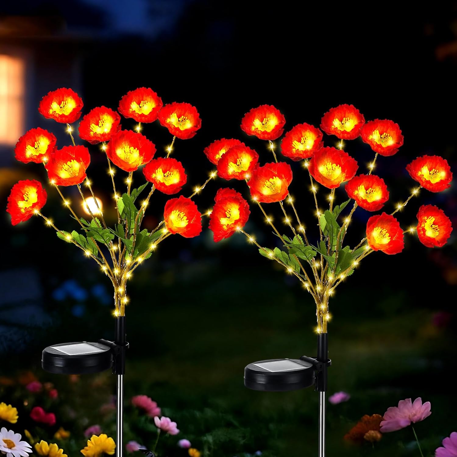 Huquary 2 Pcs Memorial Day Flower Poppy Solar Floral Lights Waterproof with 10 Red Poppy Flower Stake Outdoor Decor Auto On/off Light for Memorial Day Cemetery Graveyard Garden Yard Decoration