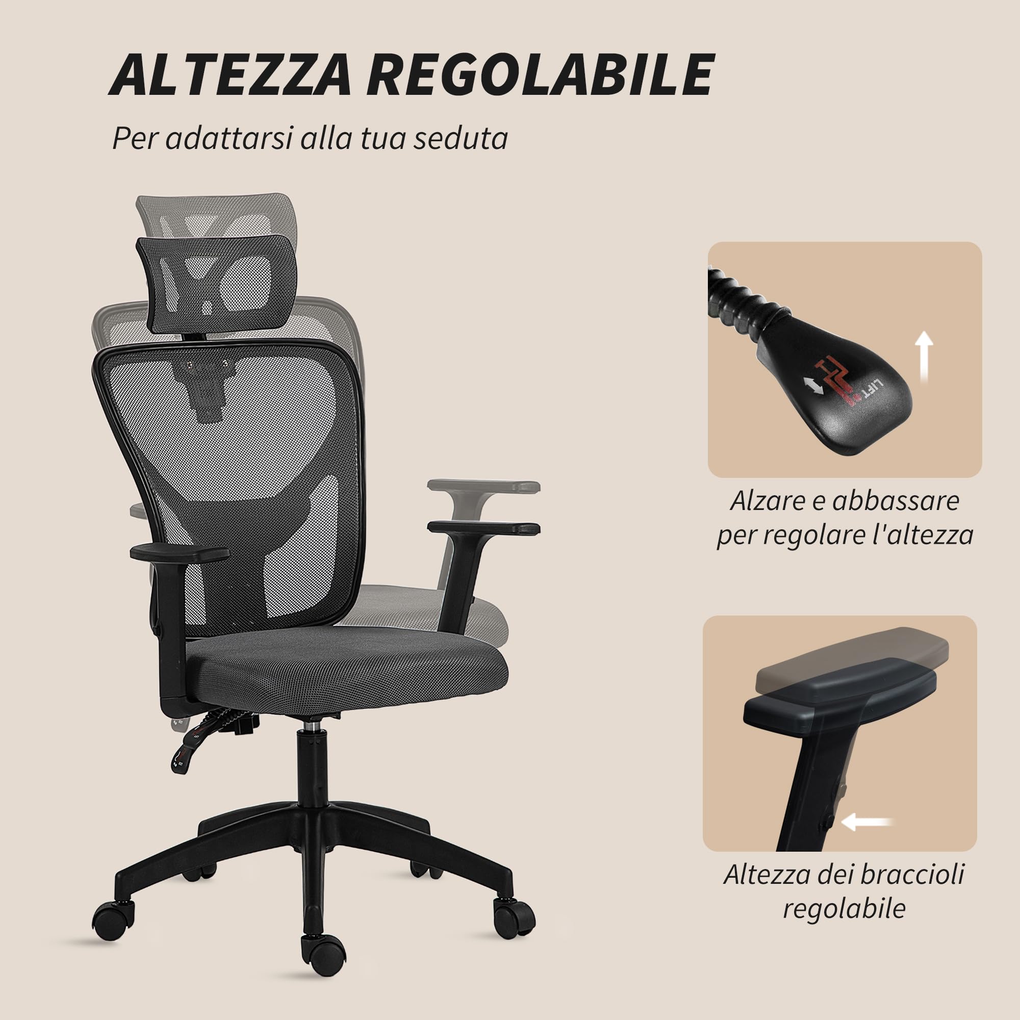 Vinsetto Sedia Ufficio Ergonomica 106-116cm Altezza Regolabile Grigio Scuro