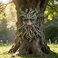 KARSTSYLVA Whimsical Tree Face Sculpture: Handcrafted Resin Green Man Garden Statue with Leaves, Outdoor Wall Decor Art