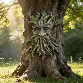 KARSTSYLVA Whimsical Tree Face Sculpture: Handcrafted Resin Green Man Garden Statue with Leaves, Outdoor Wall Decor Art