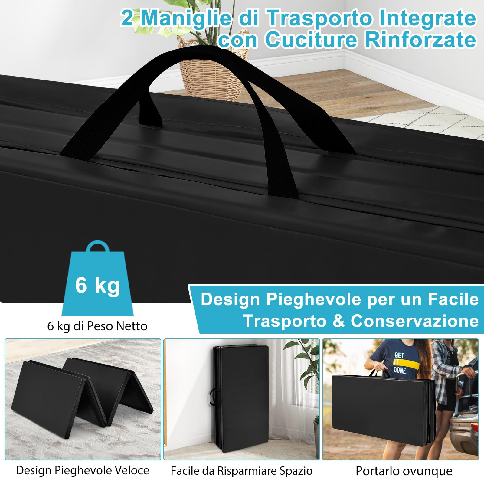 COSTWAY Tappetino da Ginnastica con Maniglia, Gancio, Chiusura a Cerniera e Copertura in Pelle PU Staccabile, Tappetino da Esercizio Pieghevole per Yoga, Stretching e Aerobica