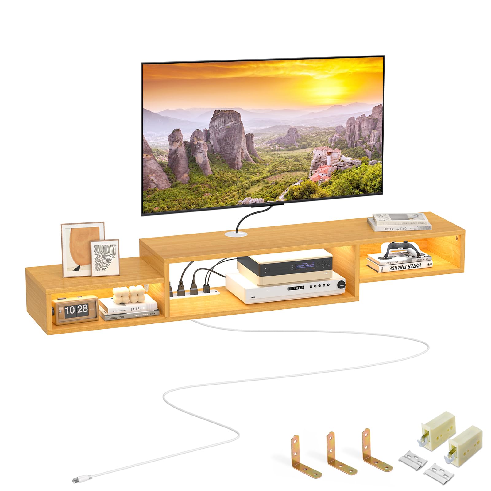 FABATO 59'' Floating TV Stand with LED Light Power Outlet, Floating Shelf for Under TV Wall Mount with Storage Shelf, Media Console Entertainment Center for Living Room, Natural Wood