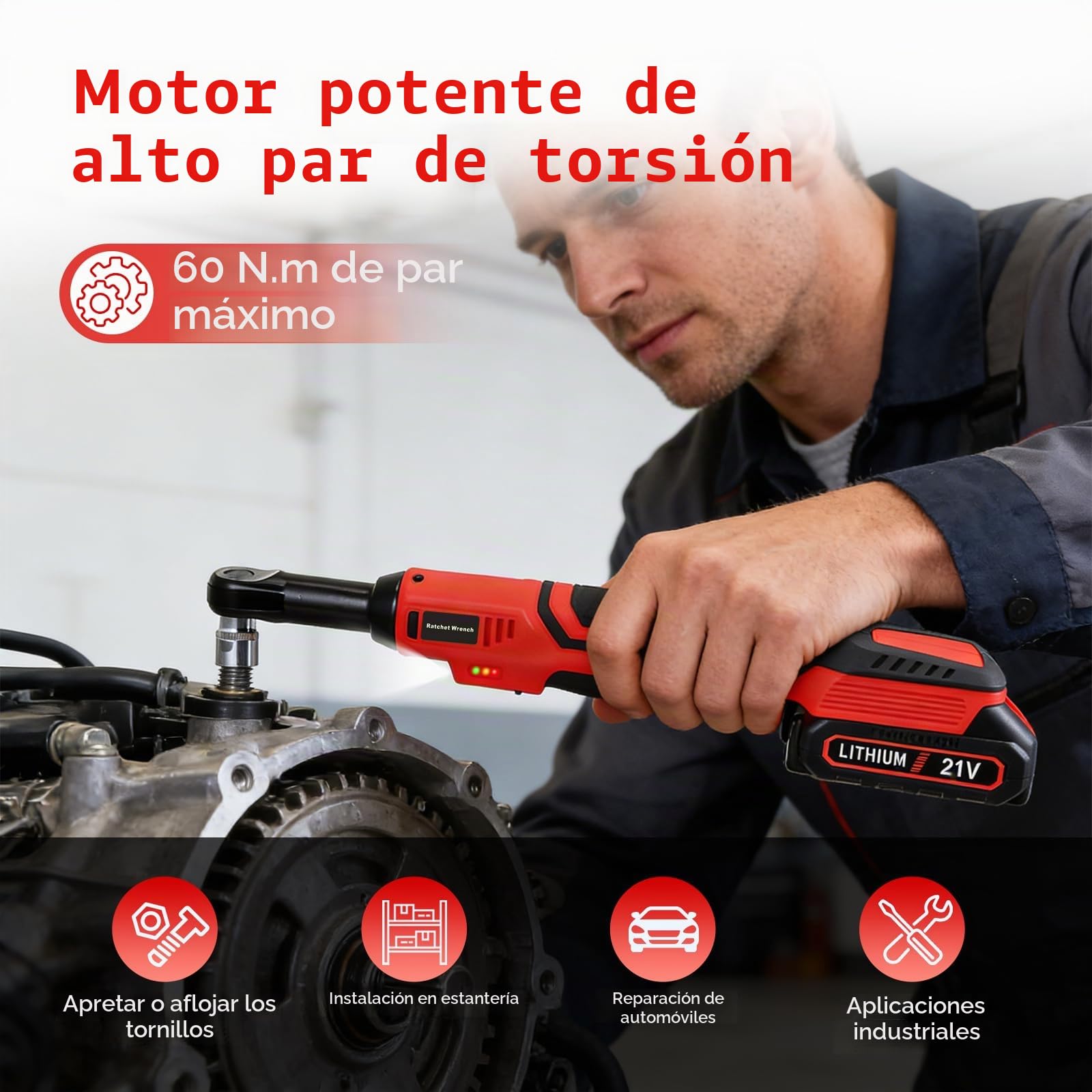 Destornillador de trinquete de batería de 3/8 pulgadas, 60 Nm, llave de trinquete eléctrica, control de velocidad continuo con 2 baterías de 2,0 Ah, juego de llaves de trinquete de 10 piezas, ideal