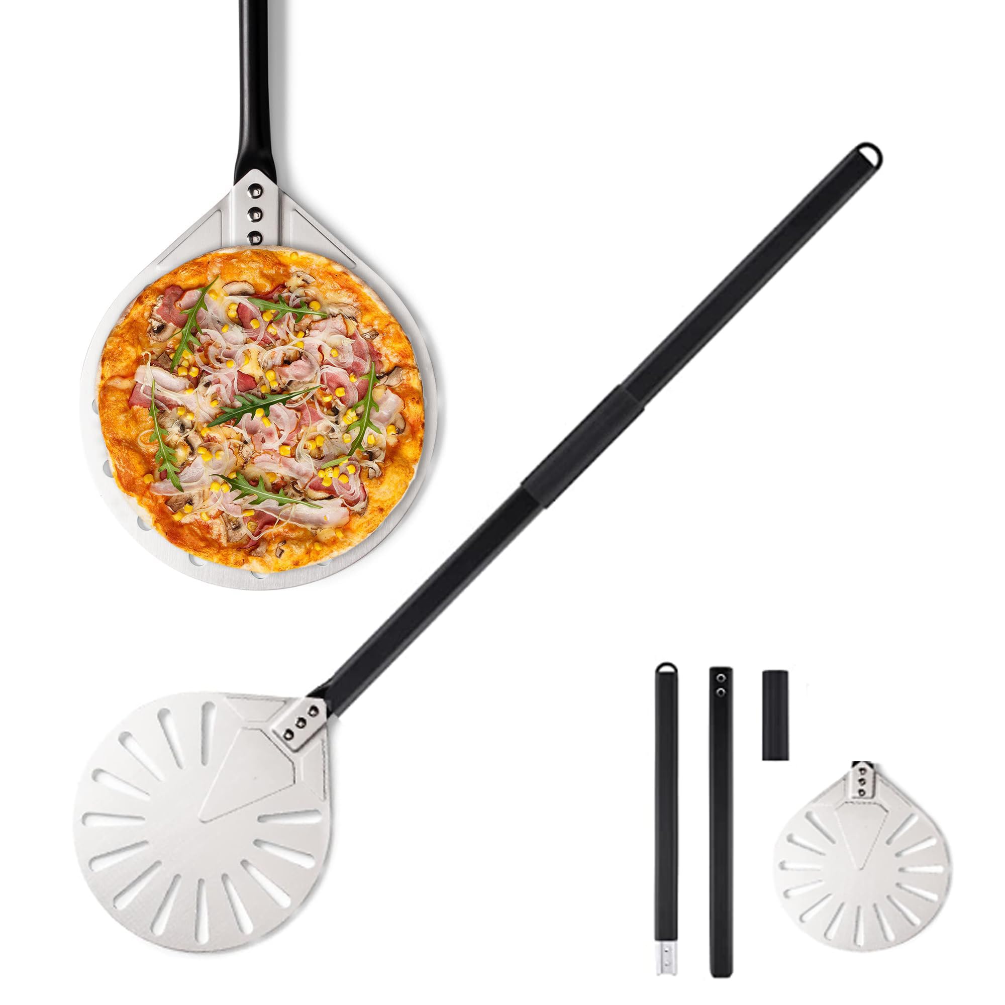 Aluminum Pizza Turning Peel 9 inches with Detachable Handle Outdoor Pizza Oven Accessories for Easy Storage, 39 or 24 inches long for Baking Pizza (White)