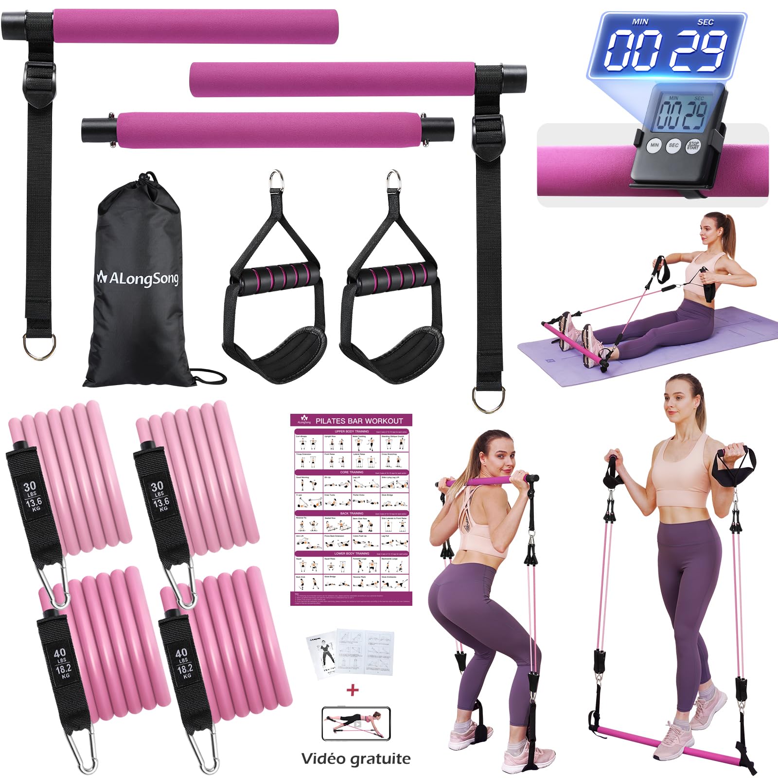 ALongSong Elastiques Musculation Sport Maison - Kit Barre de Pilates pour Homme Femme avec 4 Bandes de Résistance Élastique 20-140Lbs & Minuteur pour Complet Entraînement Yoga/Musculation