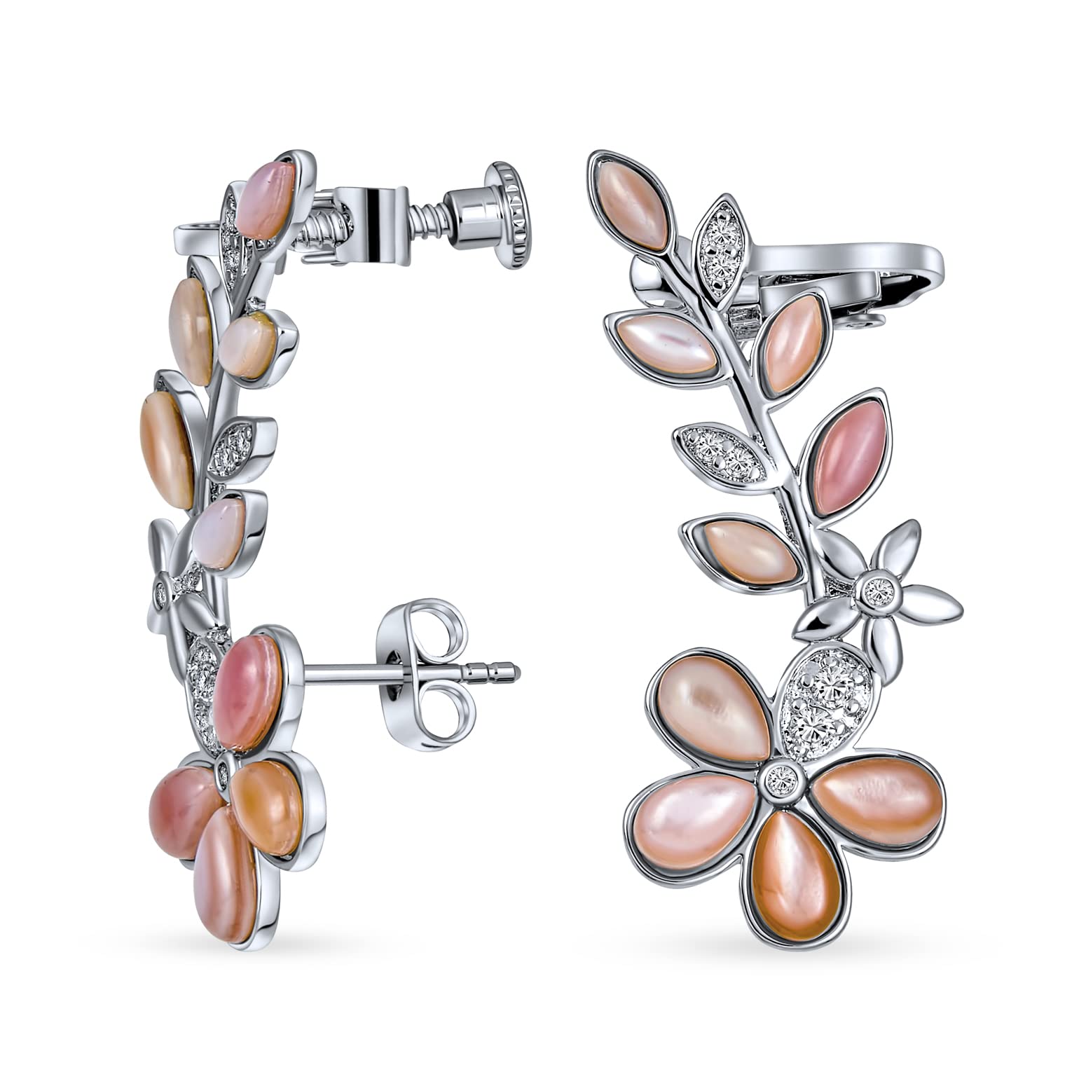 Orecchini a fiore in madreperla rosa chiaro per cartilagine per donne e adolescenti con clip in ottone placcato argento.