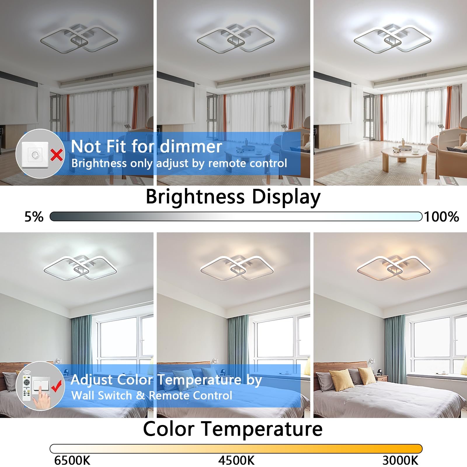 Osairous 50W 5625LM LED Deckenleuchte Dimmbar, Weiß Deckenlampe Quadratische Dimmbar mit Fernbedienung 3000-6500K, Moderne Acryl-Deckenleuchte 64cm für Küche Wohnzimmer Flur Schlafzimmer Badezimmer